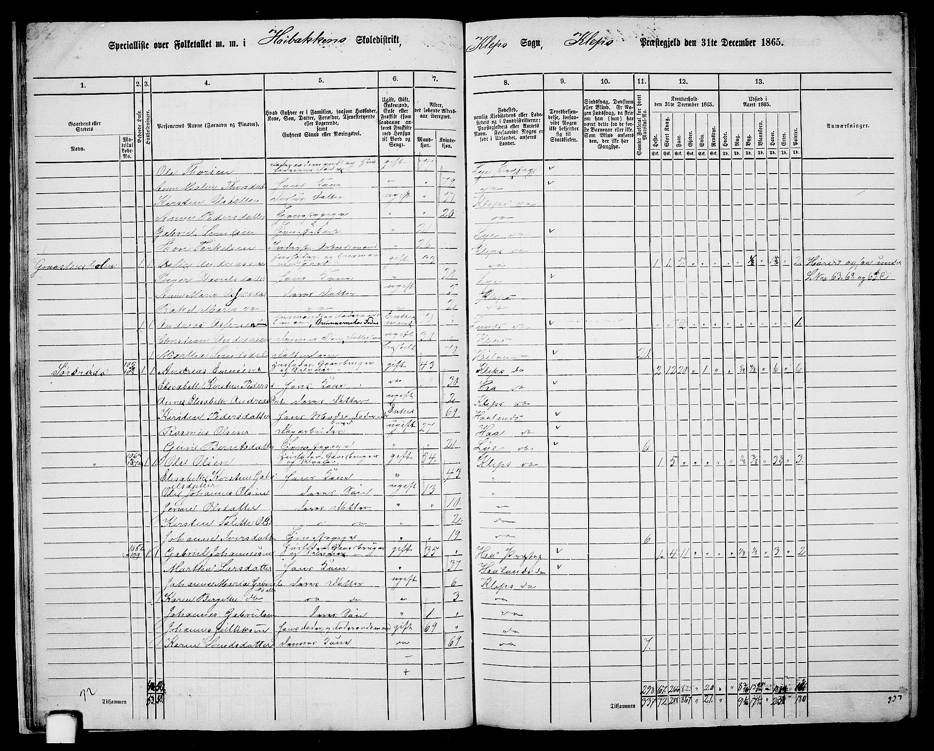RA, 1865 census for Klepp, 1865, p. 19