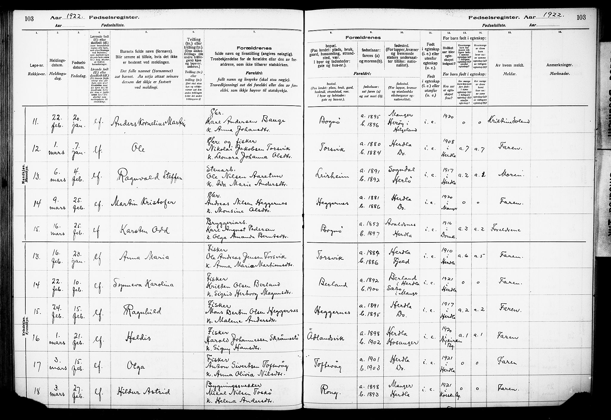 Herdla Sokneprestembete, AV/SAB-A-75701/I/Id/L00A1: Birth register no. A 1, 1916-1929, p. 103