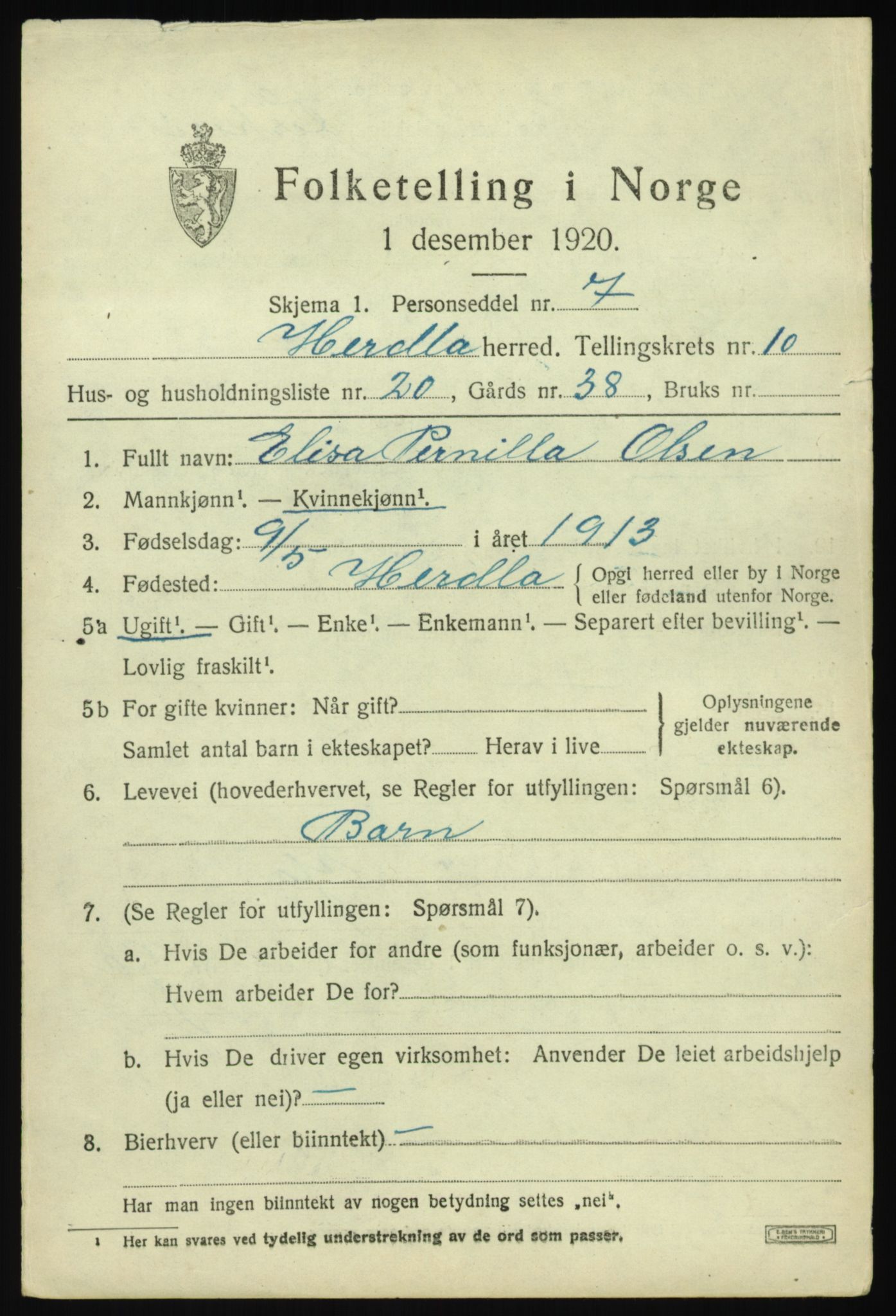 SAB, 1920 census for Herdla, 1920, p. 7521