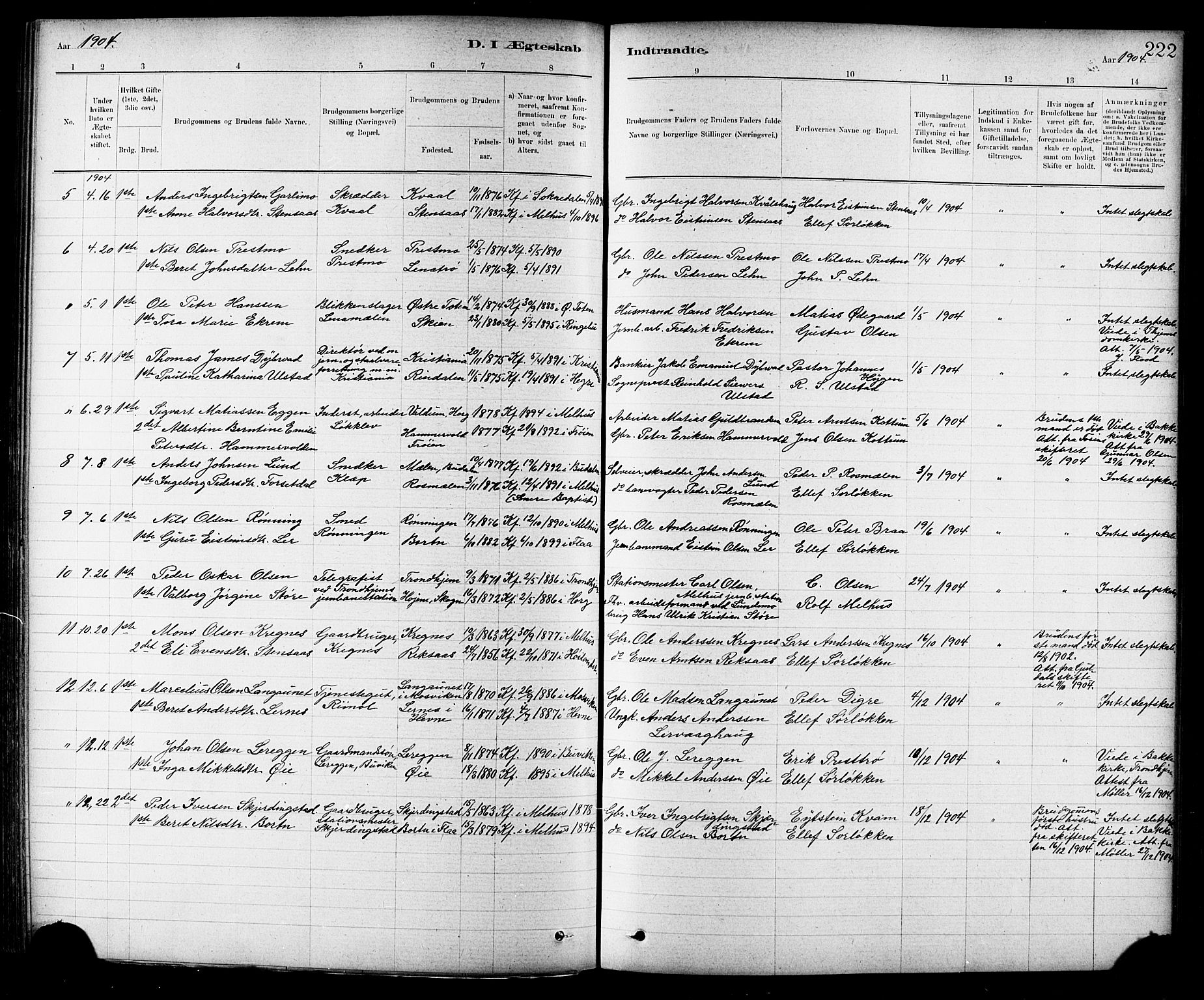 Ministerialprotokoller, klokkerbøker og fødselsregistre - Sør-Trøndelag, AV/SAT-A-1456/691/L1094: Parish register (copy) no. 691C05, 1879-1911, p. 222