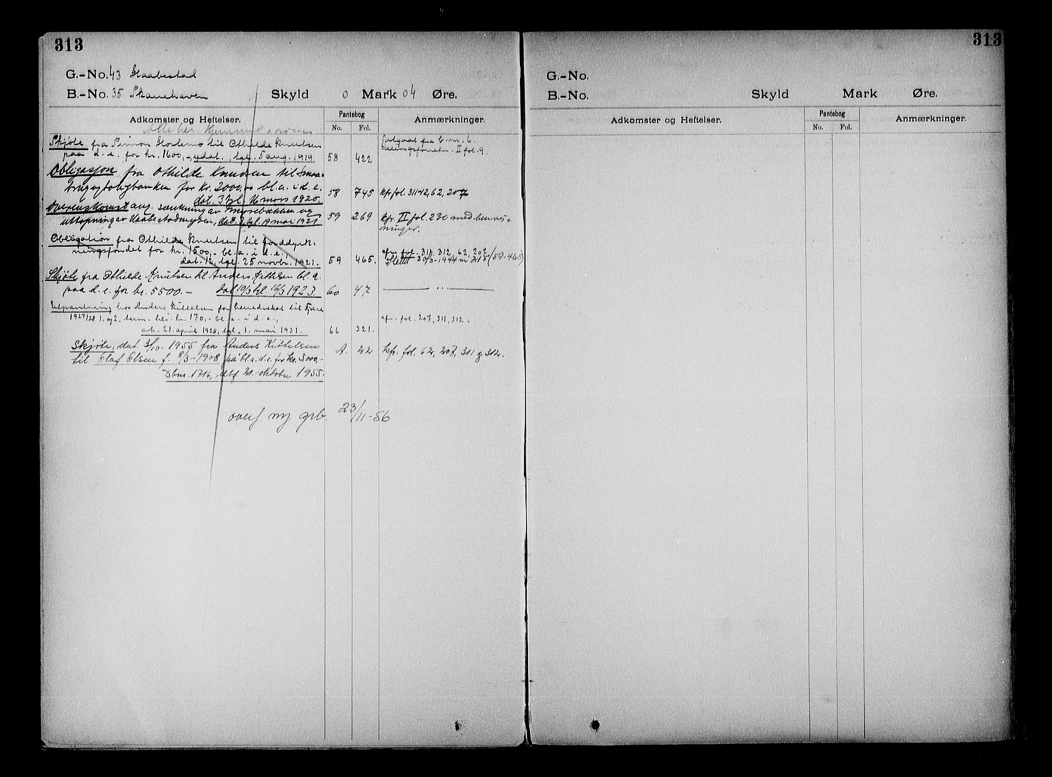Vestre Nedenes/Sand sorenskriveri, SAK/1221-0010/G/Ga/L0022: Mortgage register no. 15, 1899-1957, p. 313