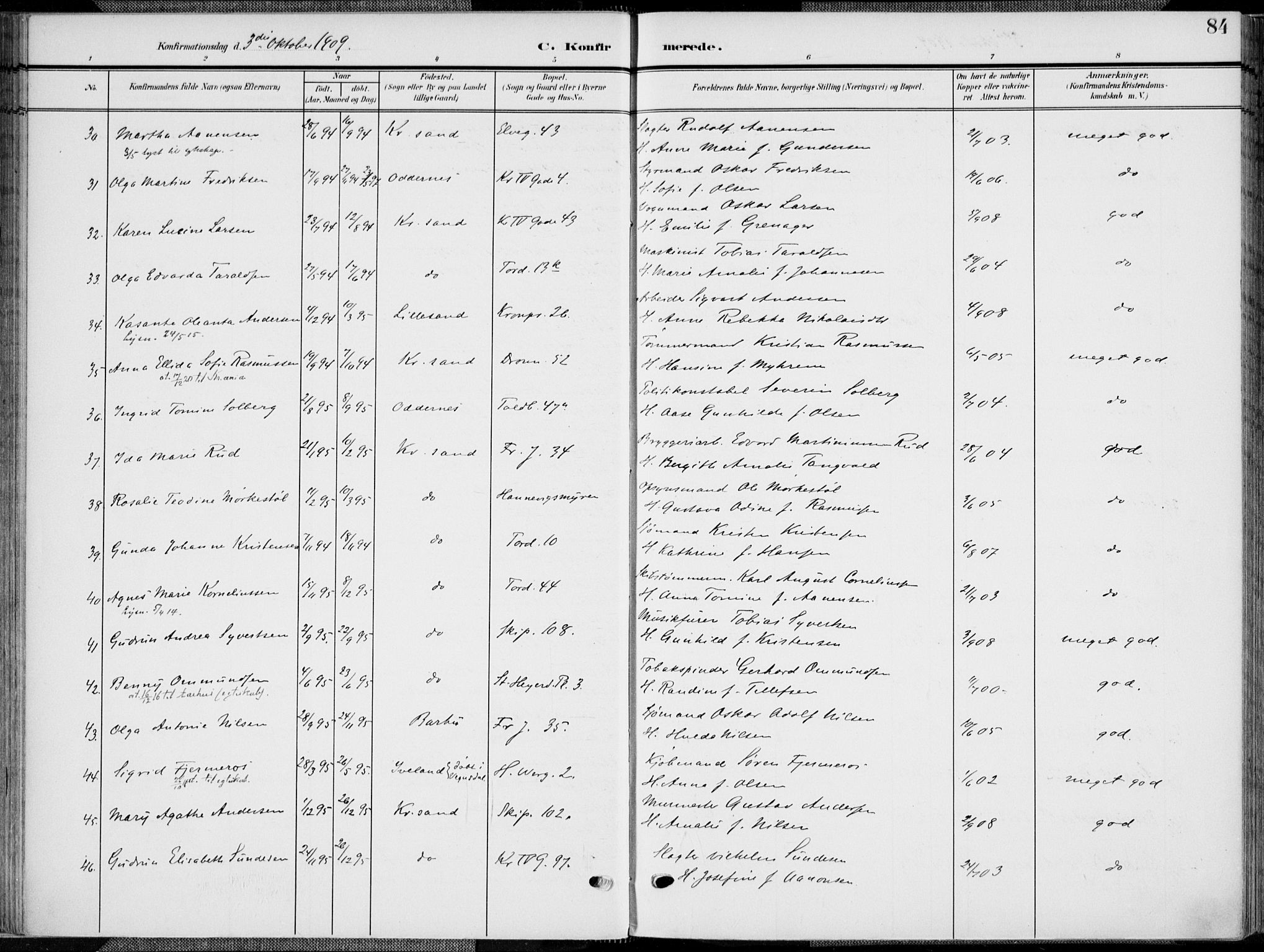 Kristiansand domprosti, AV/SAK-1112-0006/F/Fa/L0022: Parish register (official) no. A 21, 1905-1916, p. 84