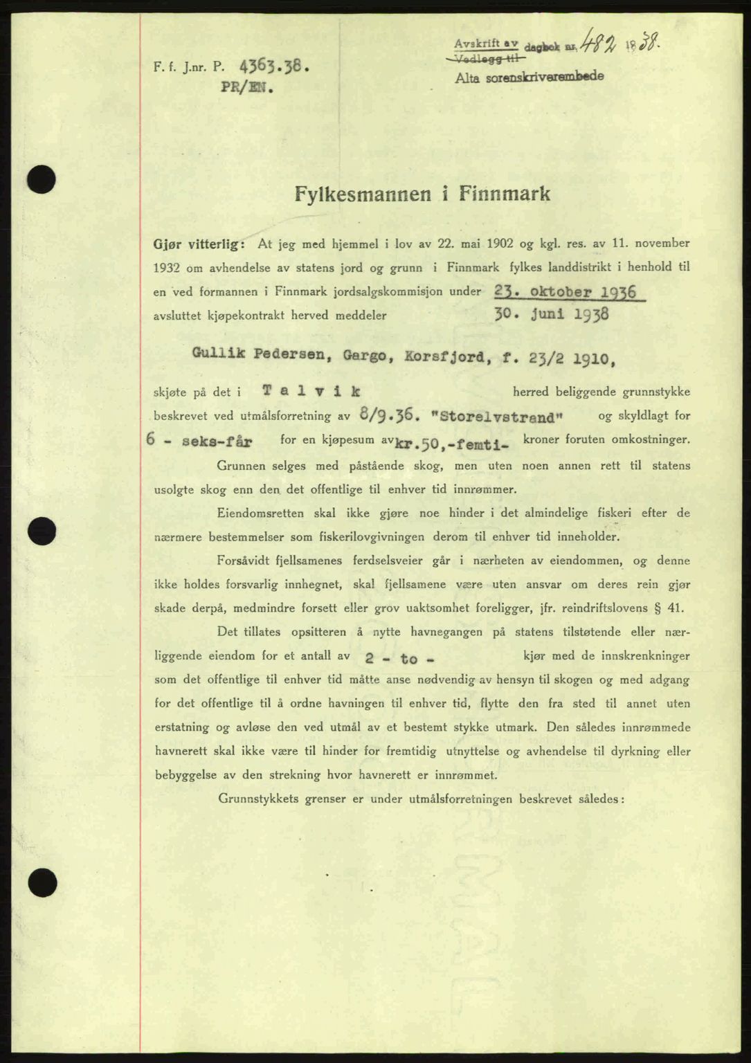 Alta fogderi/sorenskriveri, SATØ/SATØ-5/1/K/Kd/L0031pantebok: Mortgage book no. 31, 1938-1939, Diary no: : 482/1938