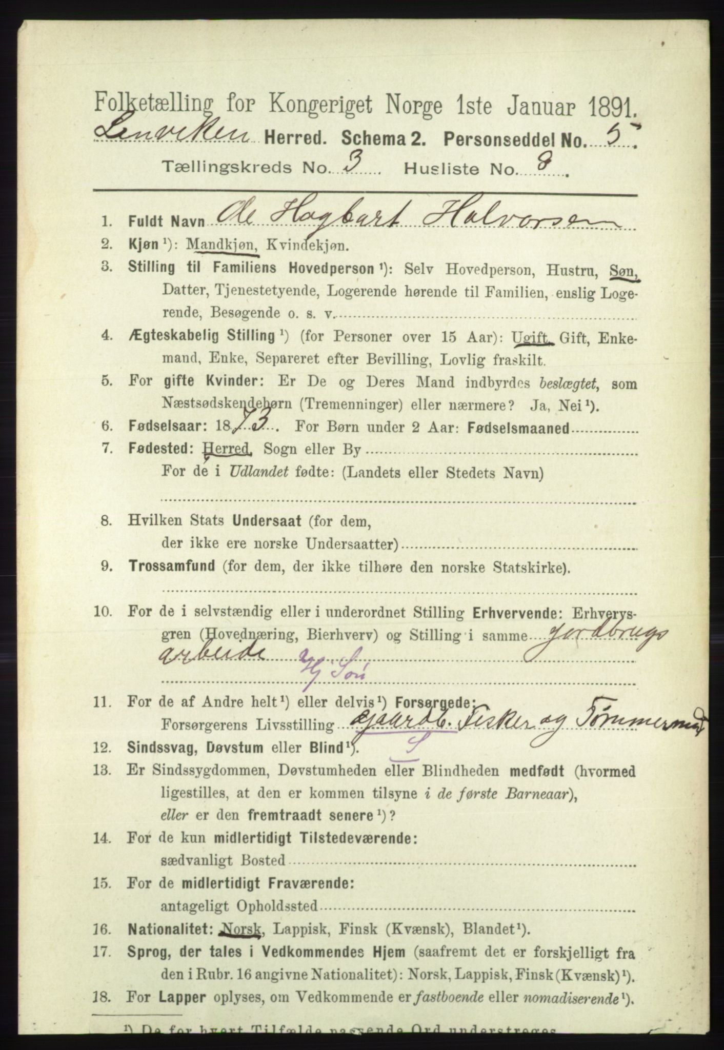 RA, 1891 census for 1931 Lenvik, 1891, p. 1409