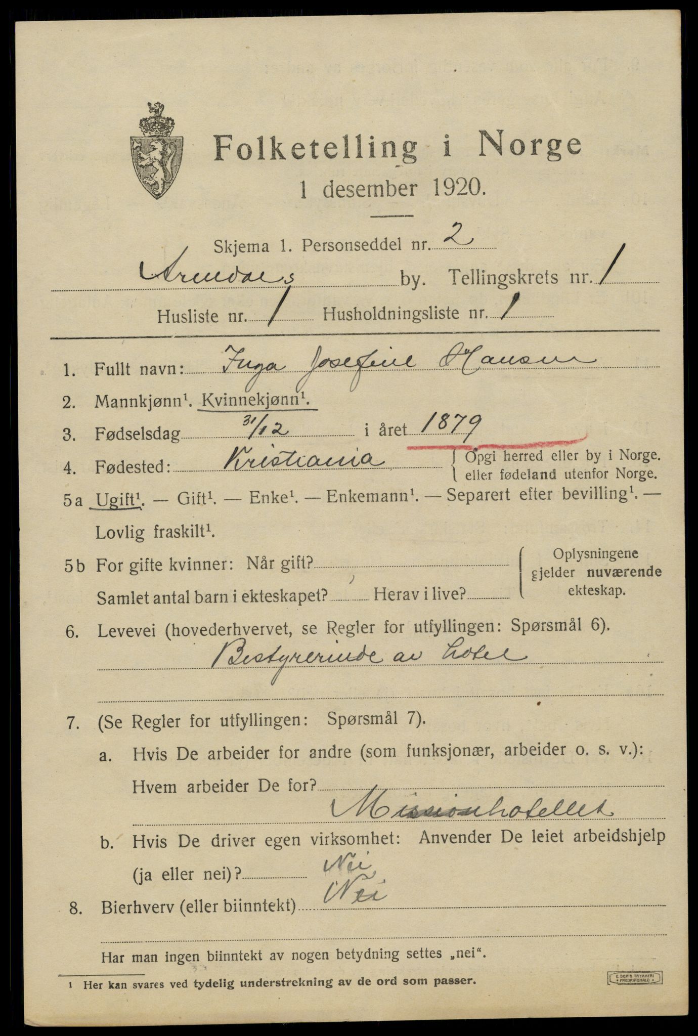 SAK, 1920 census for Arendal, 1920, p. 9158