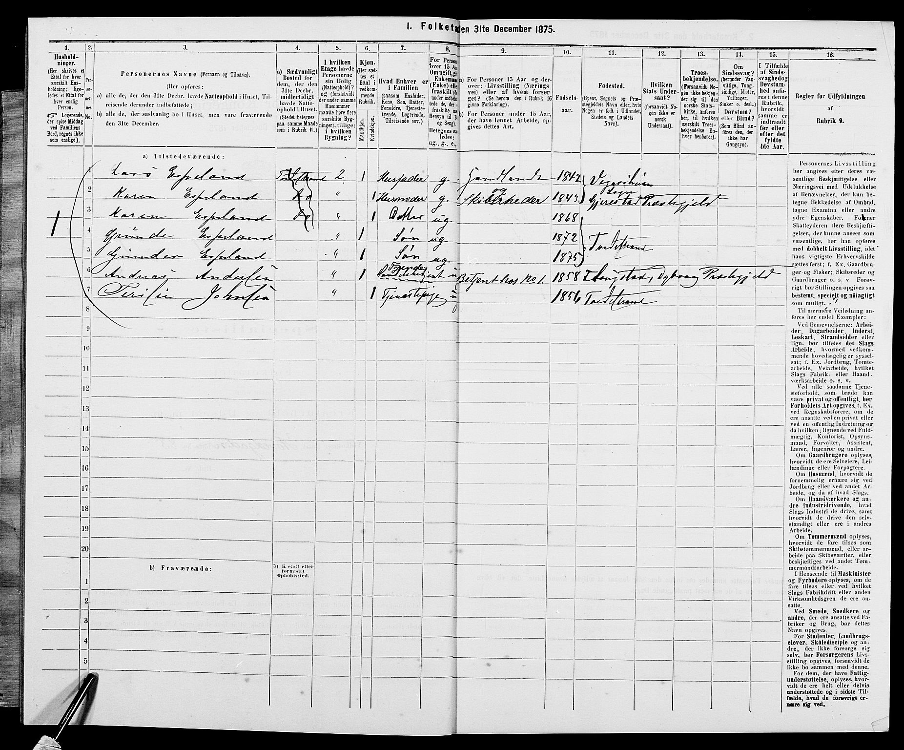 SAK, 1875 census for 0902B Holt/Tvedestrand, 1875, p. 9