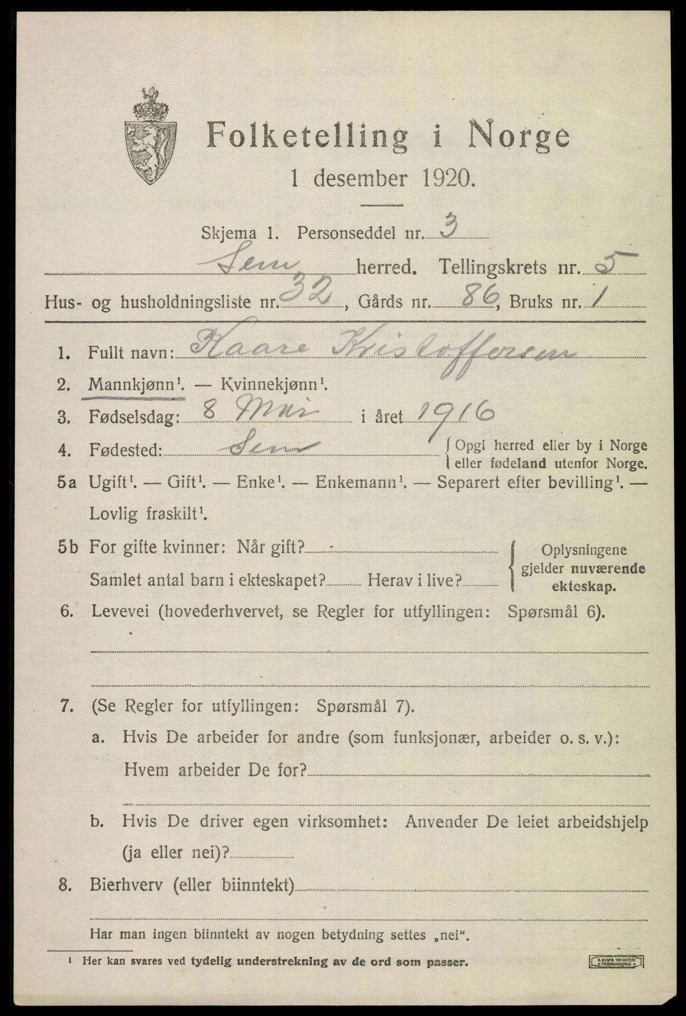 SAKO, 1920 census for Sem, 1920, p. 8149