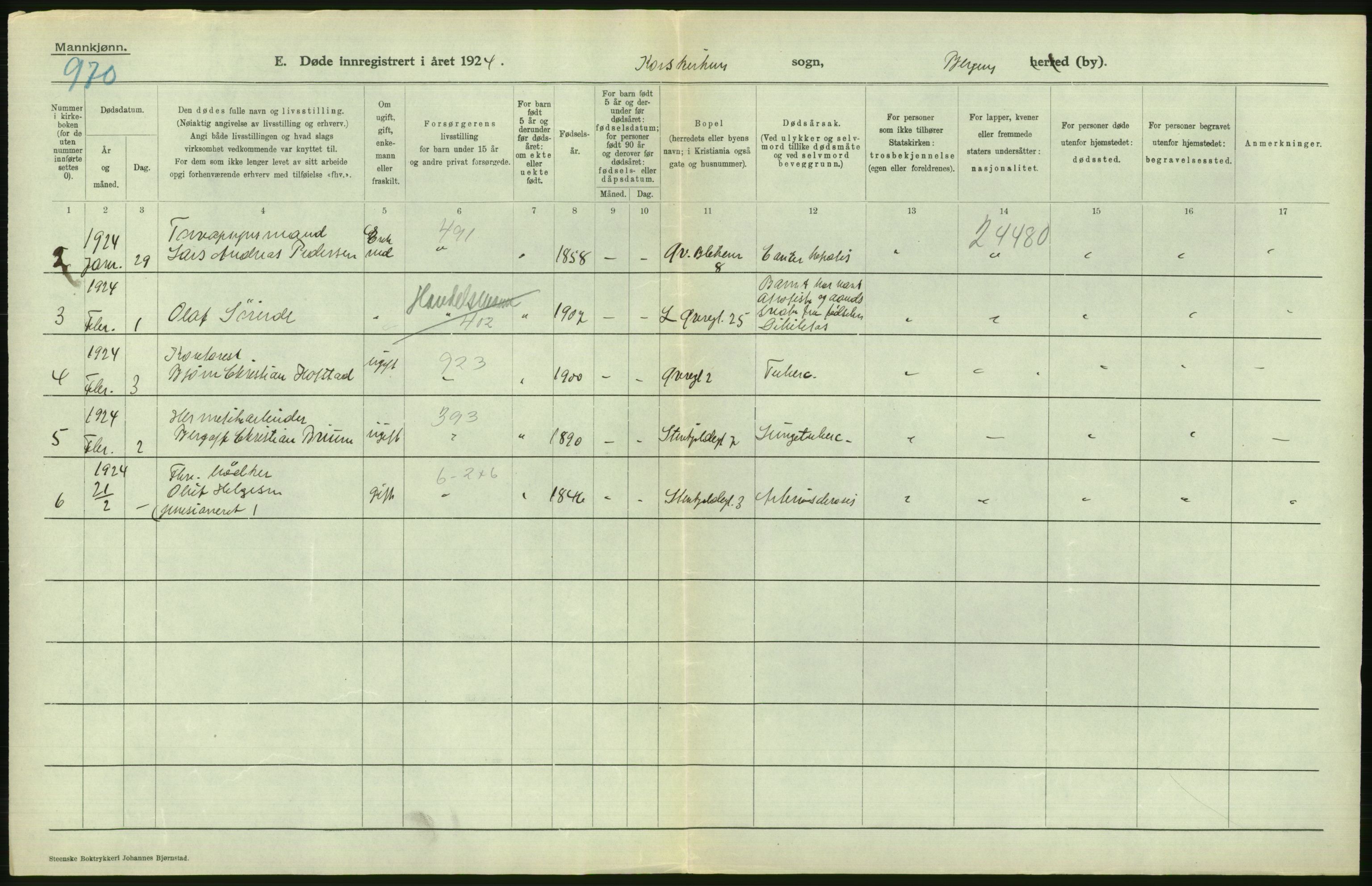 Statistisk sentralbyrå, Sosiodemografiske emner, Befolkning, RA/S-2228/D/Df/Dfc/Dfcd/L0028: Bergen: Gifte, døde., 1924, p. 388