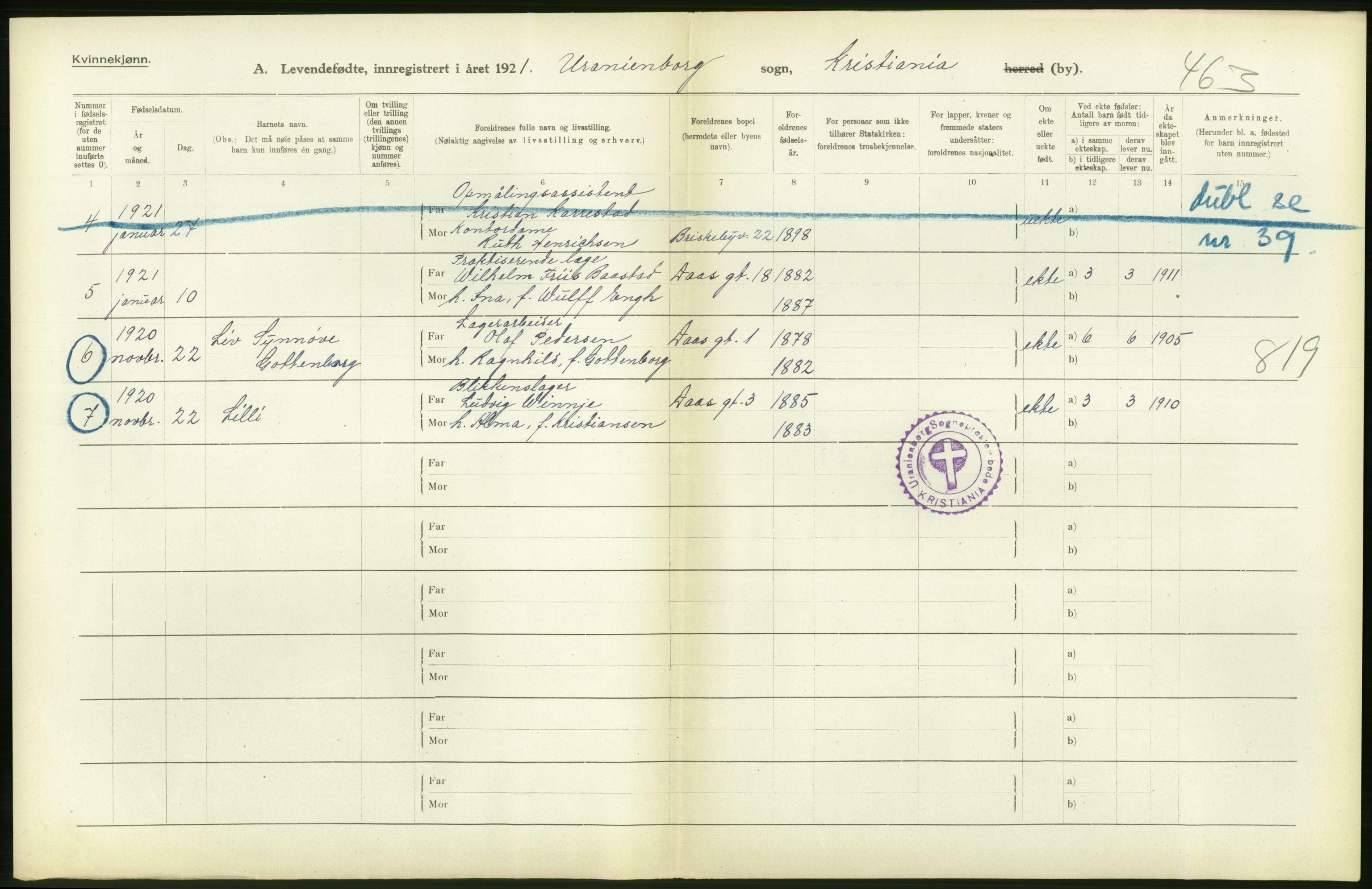 Statistisk sentralbyrå, Sosiodemografiske emner, Befolkning, AV/RA-S-2228/D/Df/Dfc/Dfca/L0010: Kristiania: Levendefødte menn og kvinner., 1921, p. 126