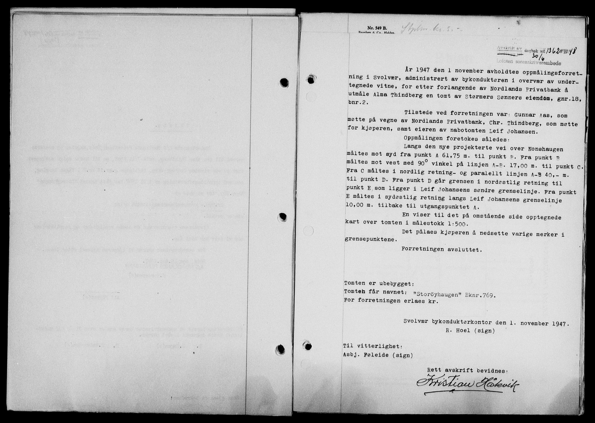 Lofoten sorenskriveri, SAT/A-0017/1/2/2C/L0018a: Mortgage book no. 18a, 1948-1948, Diary no: : 1362/1948