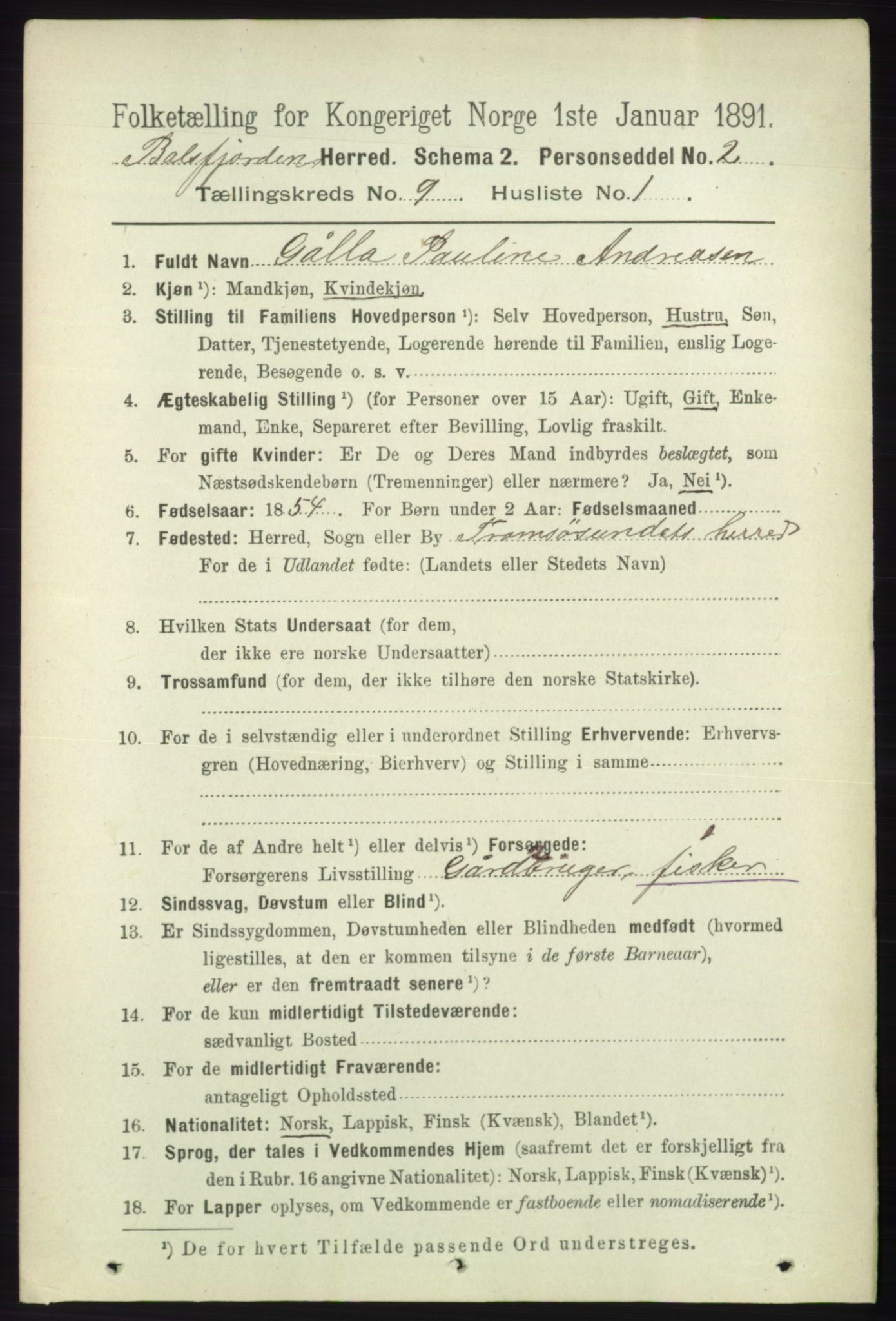 RA, 1891 census for 1933 Balsfjord, 1891, p. 3118