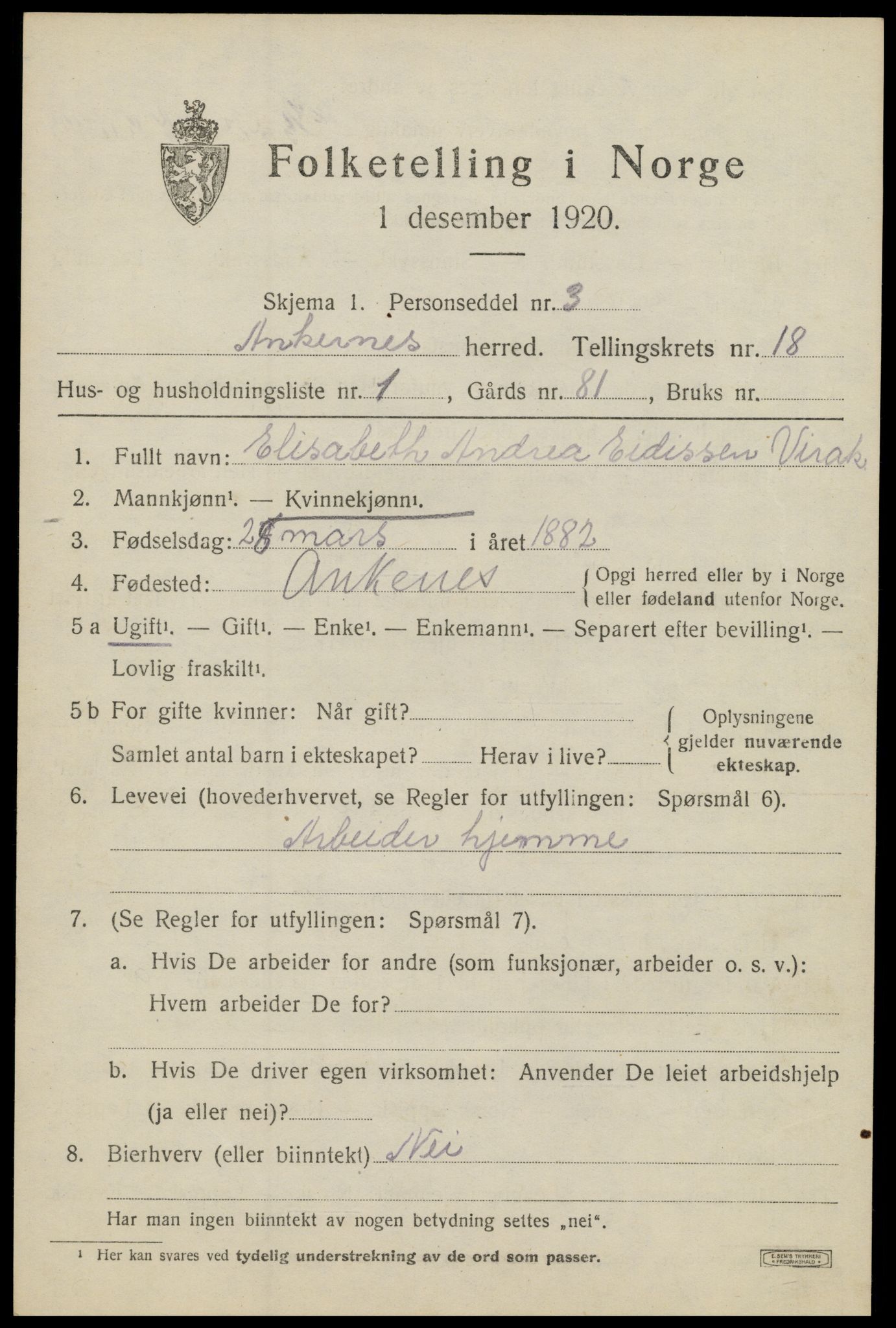 SAT, 1920 census for Ankenes, 1920, p. 7939