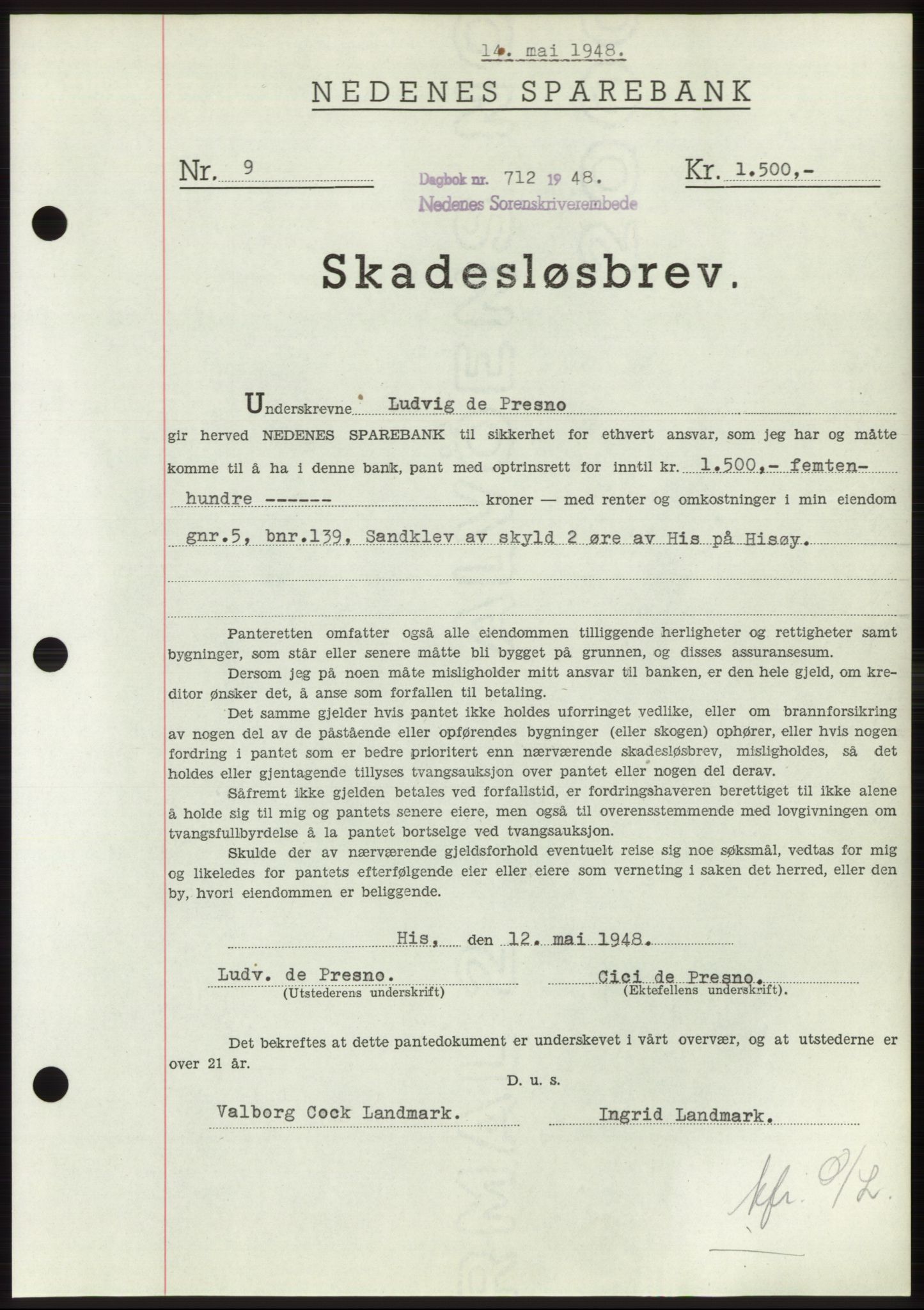 Nedenes sorenskriveri, AV/SAK-1221-0006/G/Gb/Gbb/L0005: Mortgage book no. B5, 1948-1948, Diary no: : 712/1948