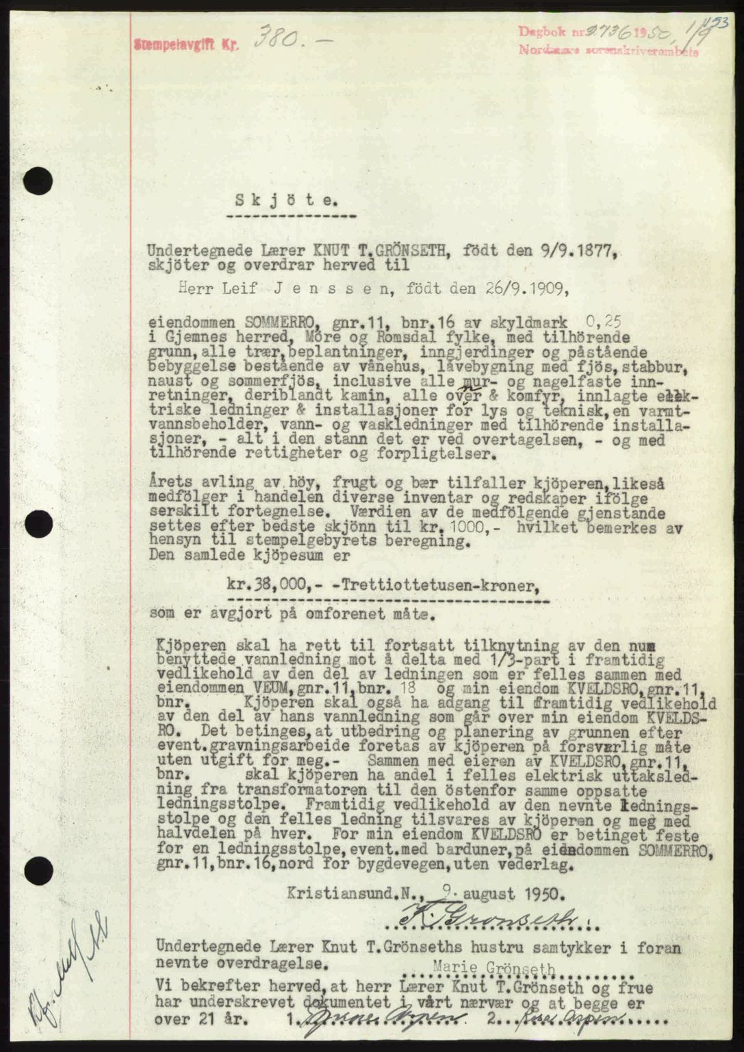 Nordmøre sorenskriveri, AV/SAT-A-4132/1/2/2Ca: Mortgage book no. A116, 1950-1950, Diary no: : 2736/1950