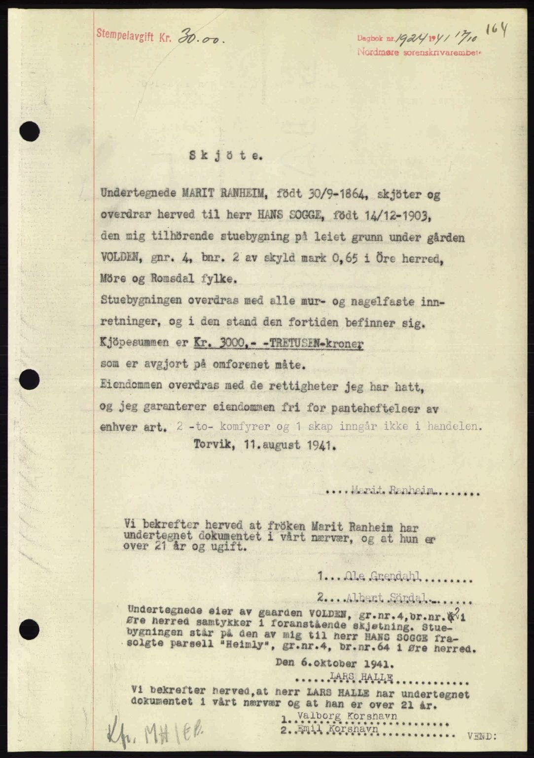 Nordmøre sorenskriveri, AV/SAT-A-4132/1/2/2Ca: Mortgage book no. A91, 1941-1942, Diary no: : 1924/1941