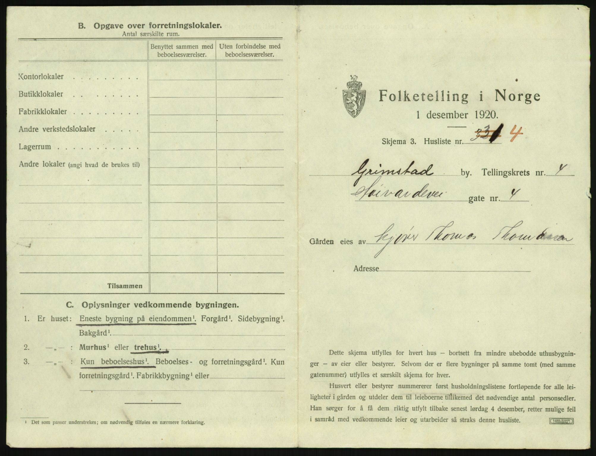 SAK, 1920 census for Grimstad, 1920, p. 615