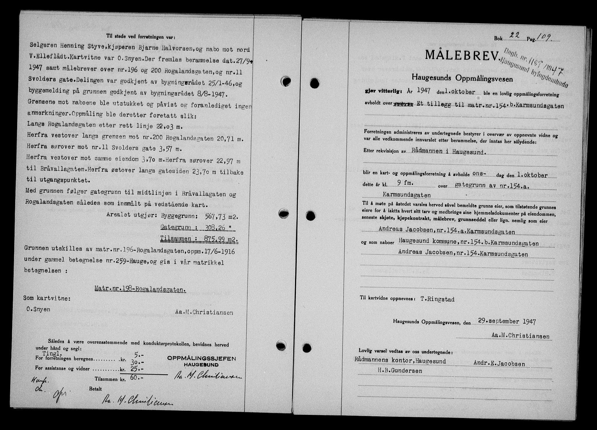 Haugesund tingrett, AV/SAST-A-101415/01/II/IIC/L0063: Mortgage book no. A 4, 1946-1948, Diary no: : 1187/1947