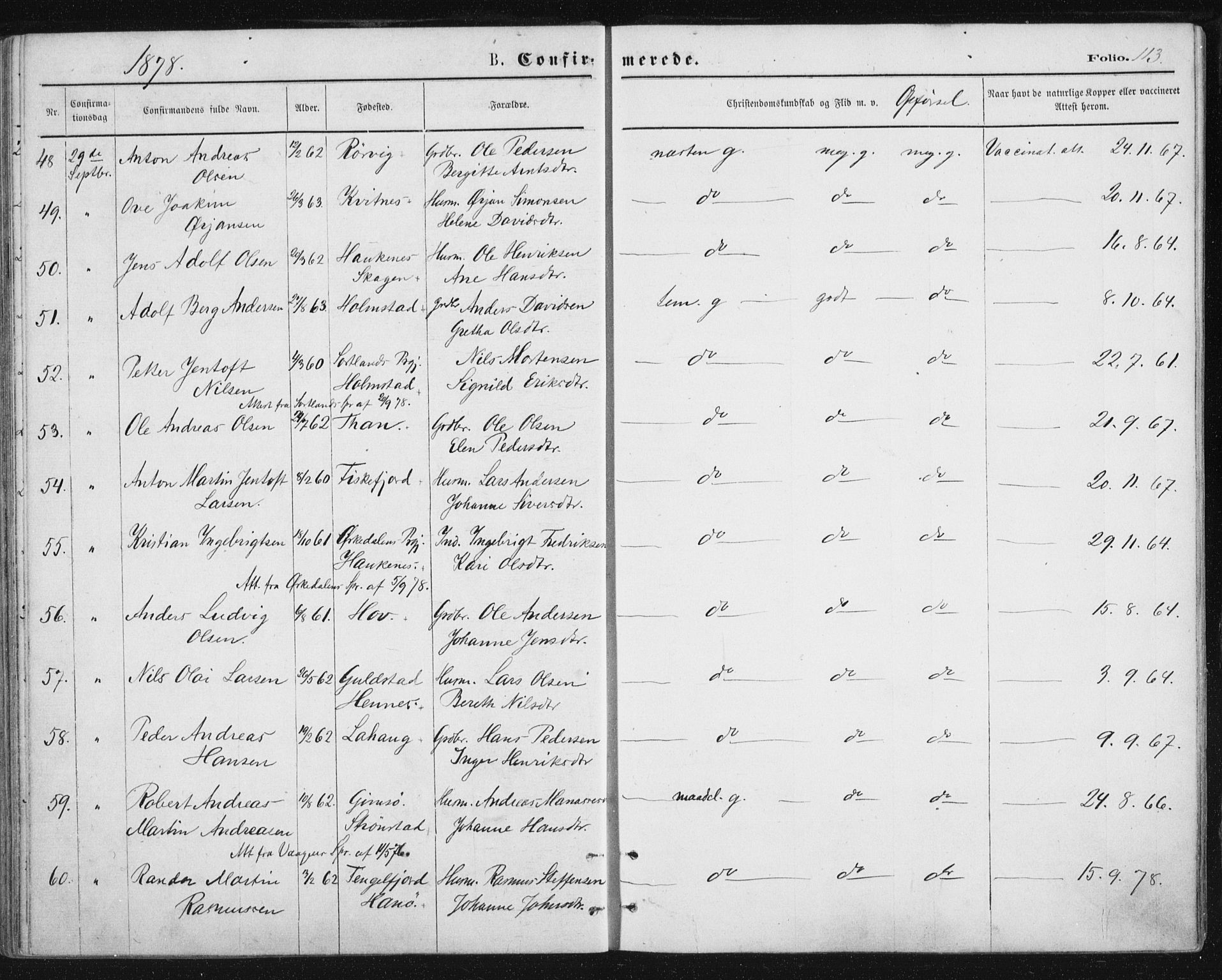 Ministerialprotokoller, klokkerbøker og fødselsregistre - Nordland, SAT/A-1459/888/L1243: Parish register (official) no. 888A09, 1876-1879, p. 113
