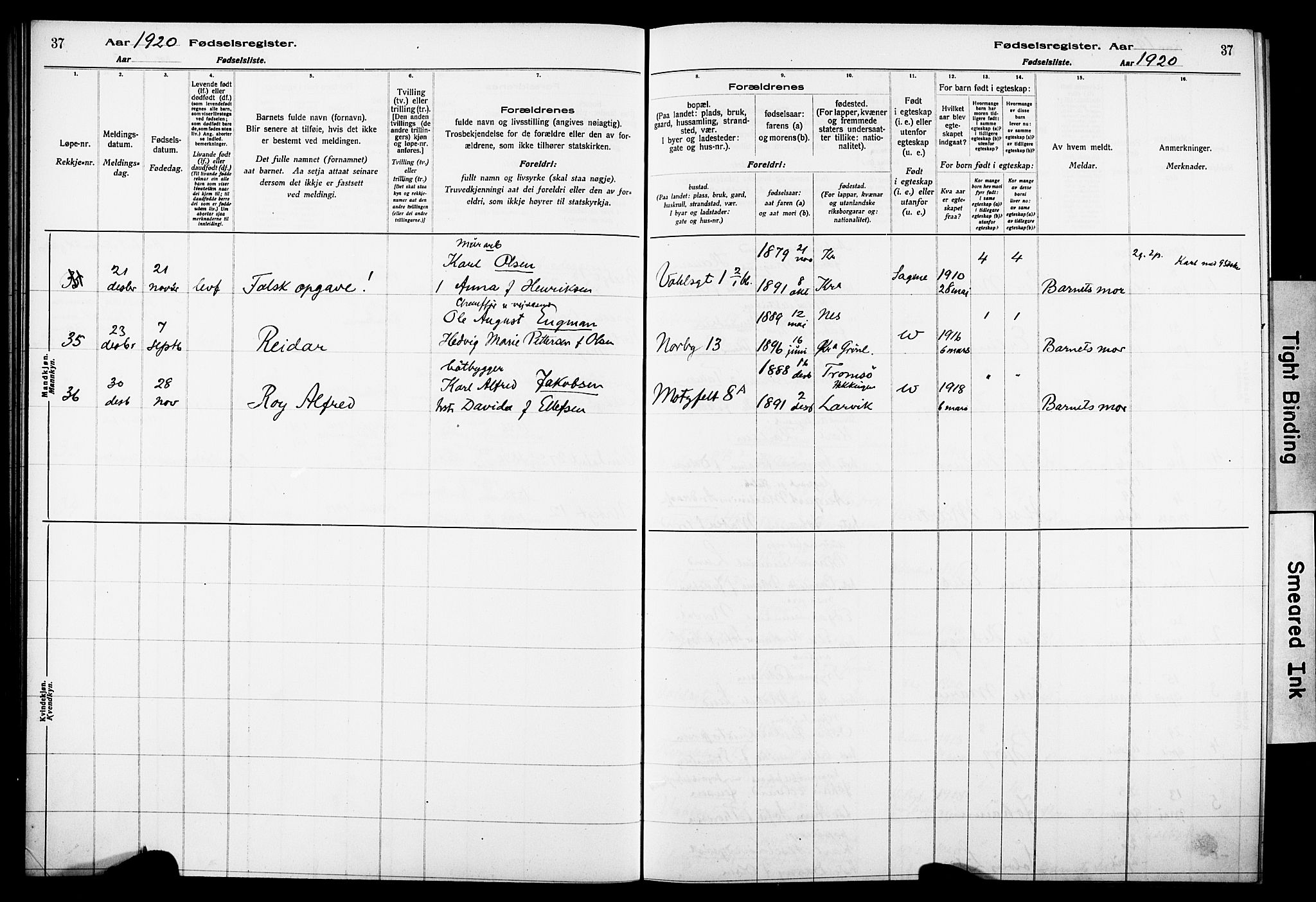 Wexel prestekontor Kirkebøker, SAO/A-10879/J/L0001: Birth register no. 1, 1916-1930, p. 37