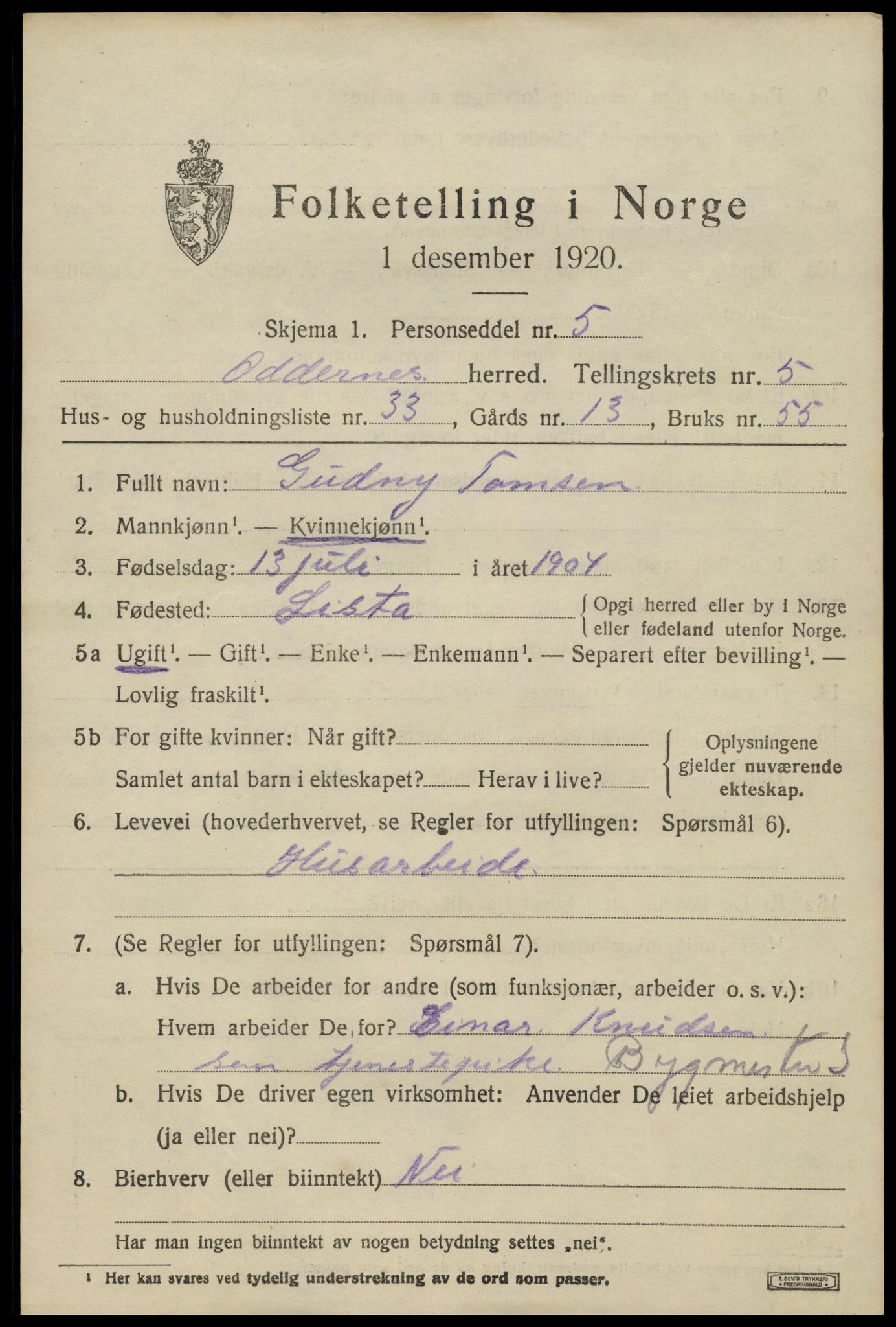 SAK, 1920 census for Oddernes, 1920, p. 4653