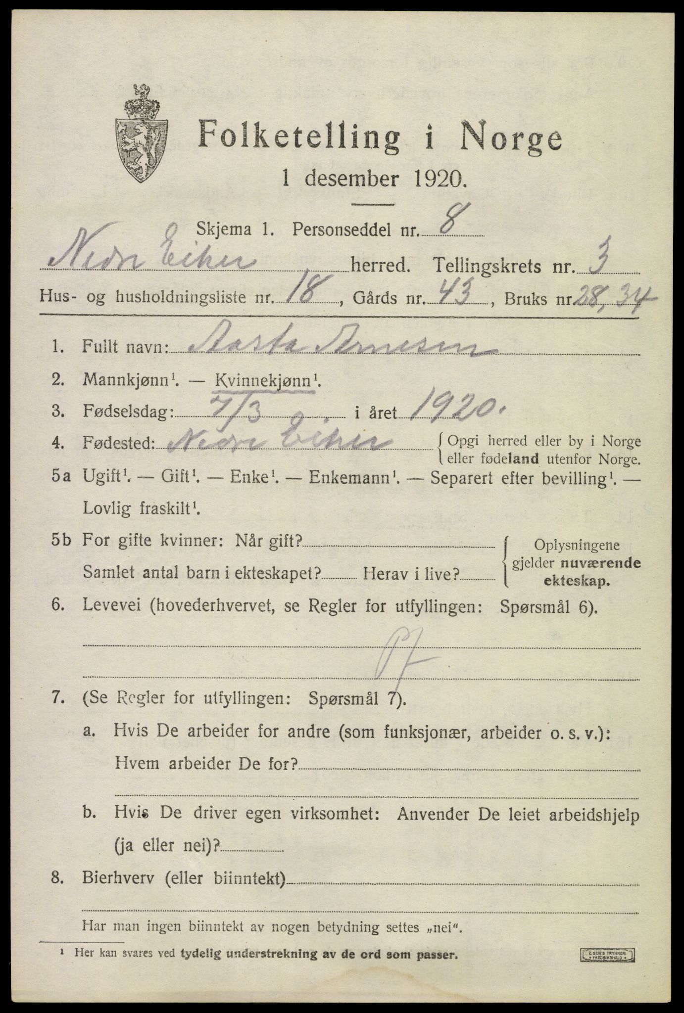 SAKO, 1920 census for Nedre Eiker, 1920, p. 4513