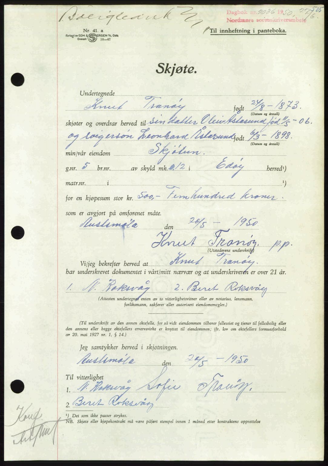 Nordmøre sorenskriveri, AV/SAT-A-4132/1/2/2Ca: Mortgage book no. A115, 1950-1950, Diary no: : 2036/1950