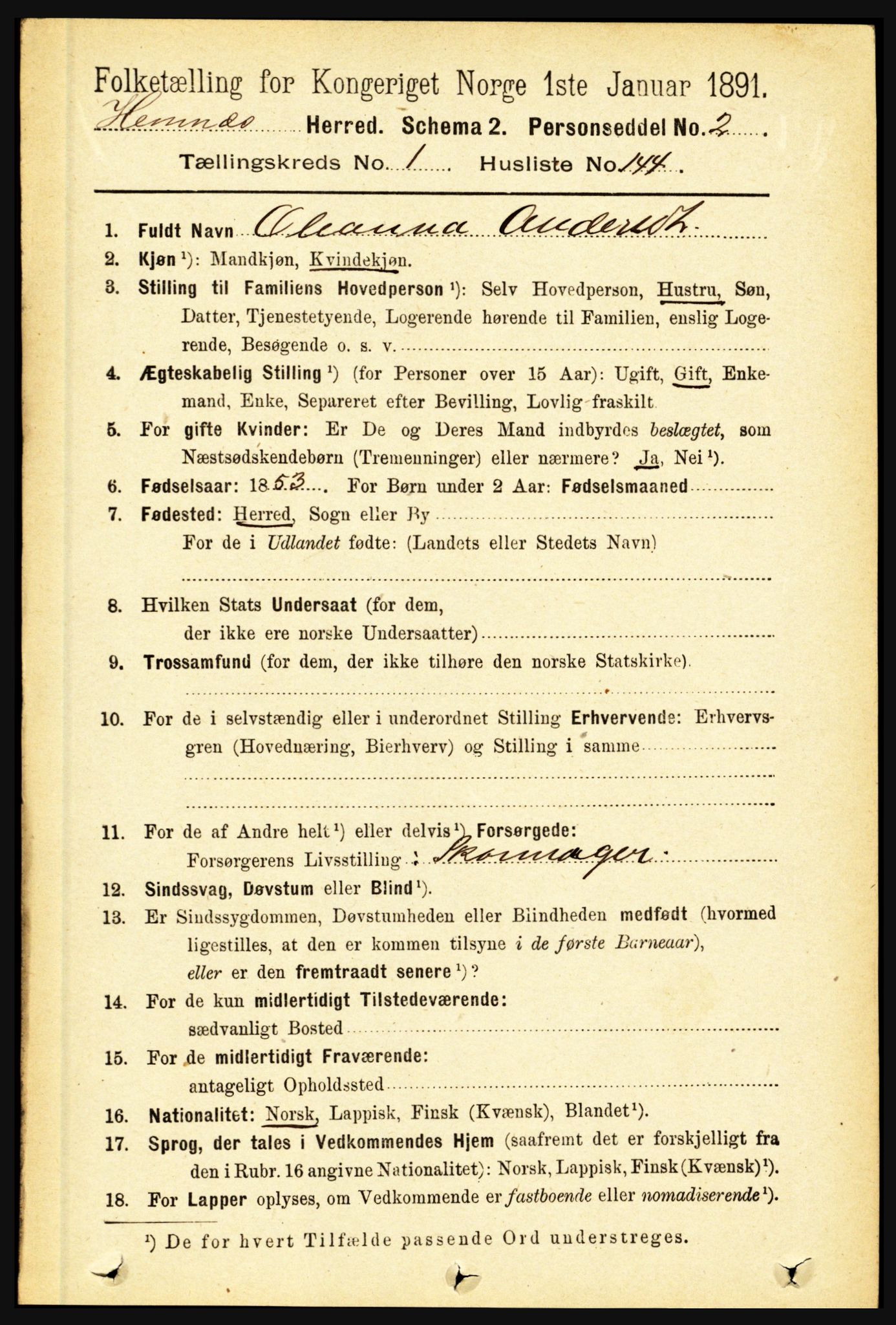 RA, 1891 census for 1832 Hemnes, 1891, p. 1061