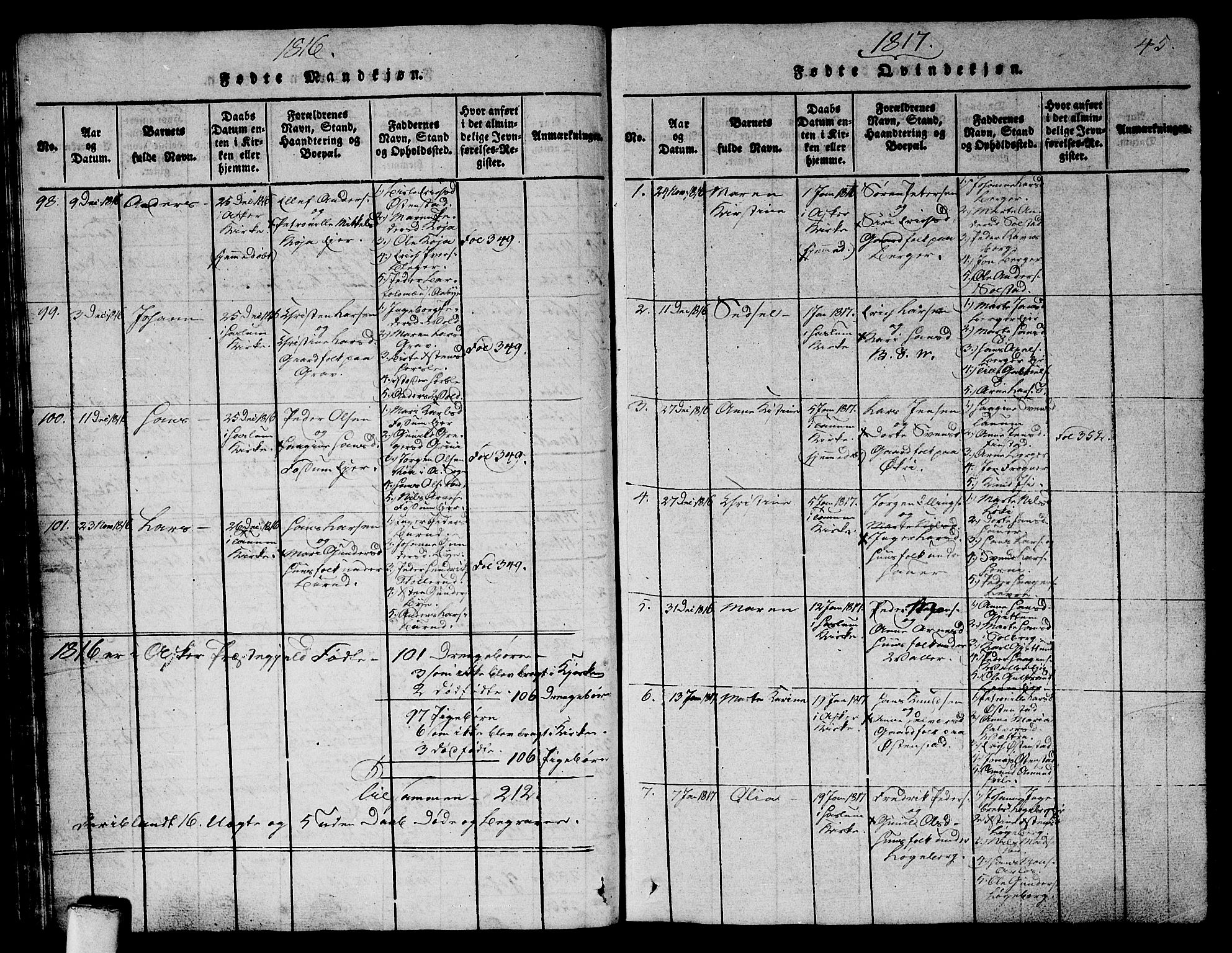 Asker prestekontor Kirkebøker, SAO/A-10256a/G/Ga/L0001: Parish register (copy) no. I 1, 1814-1830, p. 45
