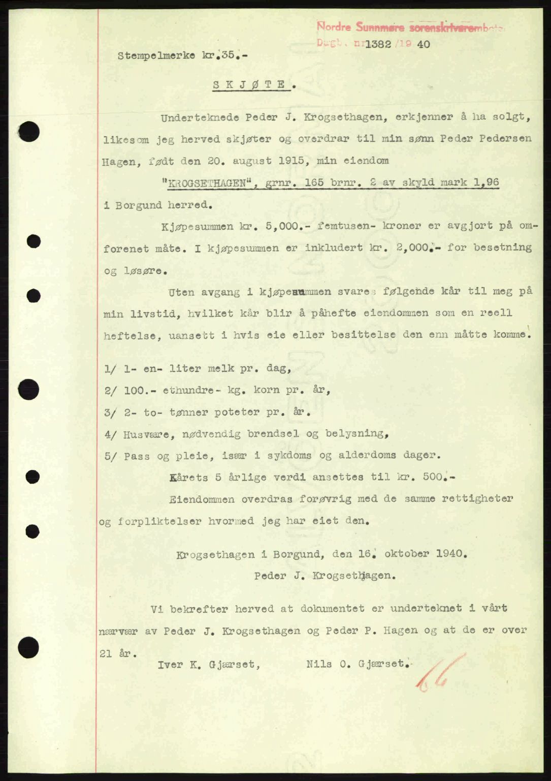 Nordre Sunnmøre sorenskriveri, AV/SAT-A-0006/1/2/2C/2Ca: Mortgage book no. A9, 1940-1940, Diary no: : 1382/1940