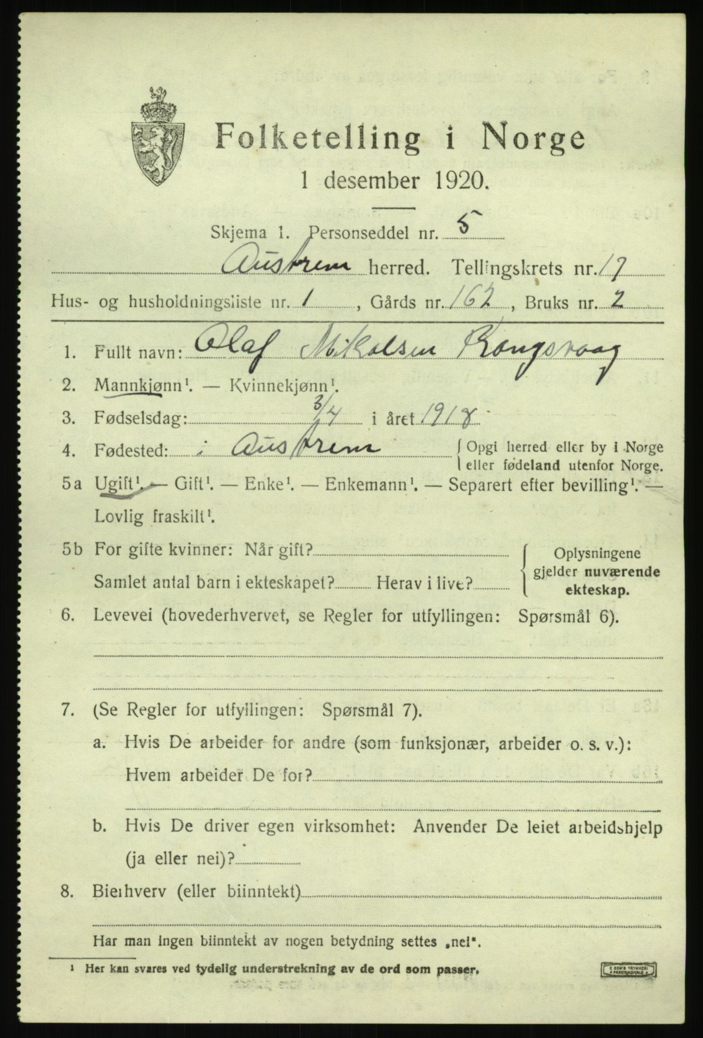 SAB, 1920 census for Austrheim, 1920, p. 5420