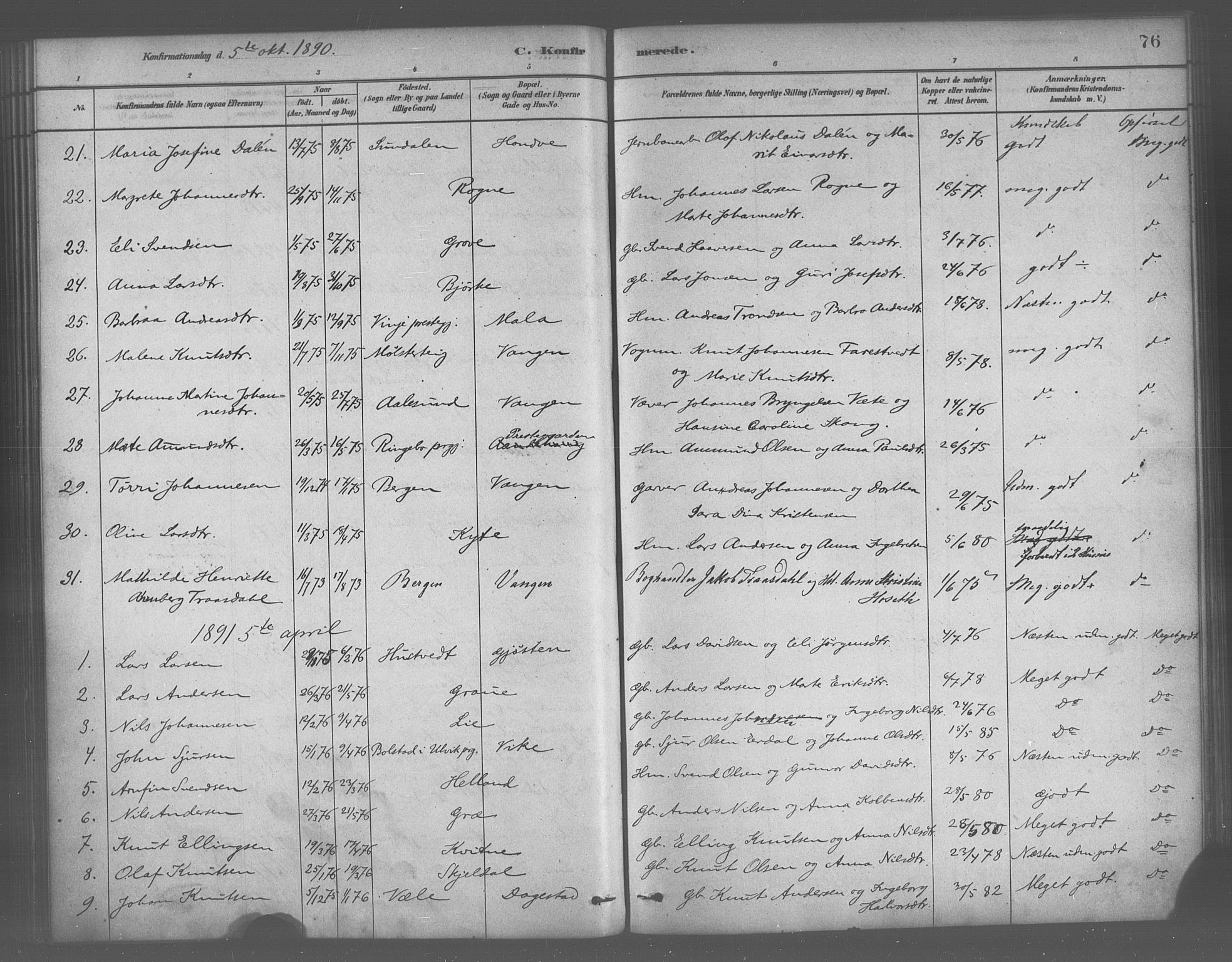 Voss sokneprestembete, SAB/A-79001/H/Haa: Parish register (official) no. B 1, 1877-1899, p. 76