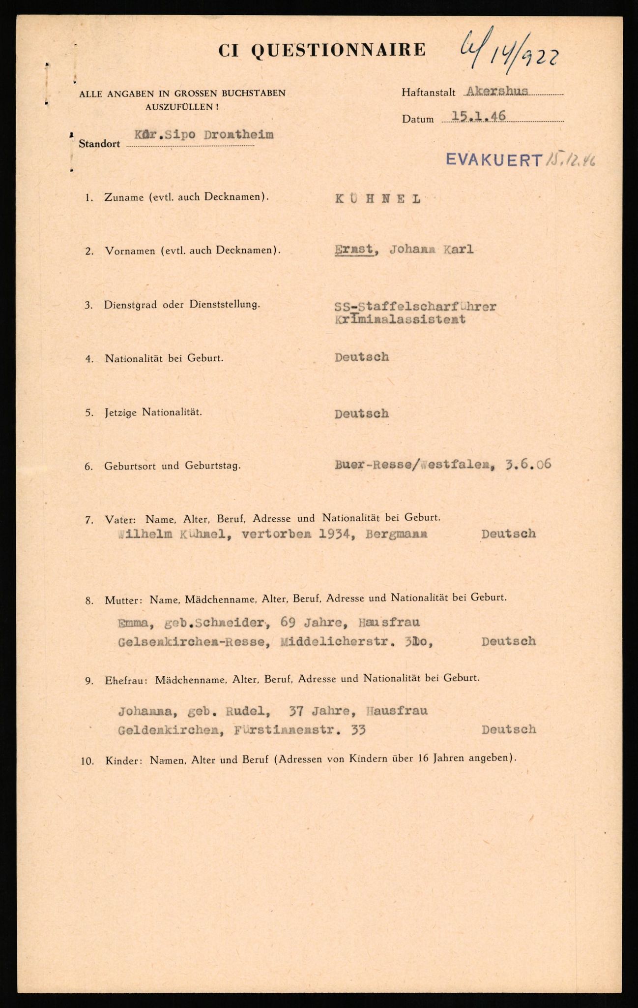 Forsvaret, Forsvarets overkommando II, AV/RA-RAFA-3915/D/Db/L0019: CI Questionaires. Tyske okkupasjonsstyrker i Norge. Tyskere., 1945-1946, p. 78