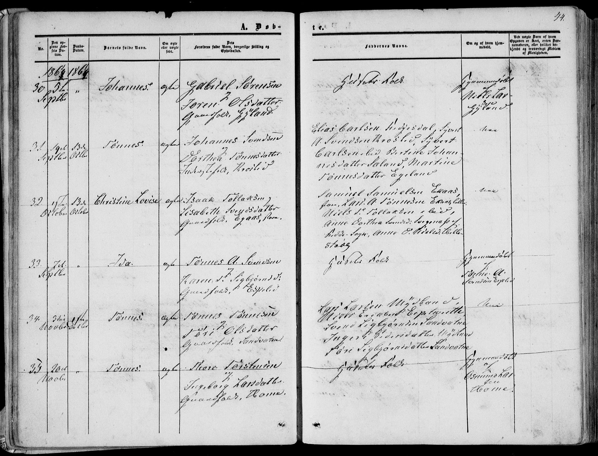 Bakke sokneprestkontor, AV/SAK-1111-0002/F/Fa/Fab/L0002: Parish register (official) no. A 2, 1855-1884, p. 44