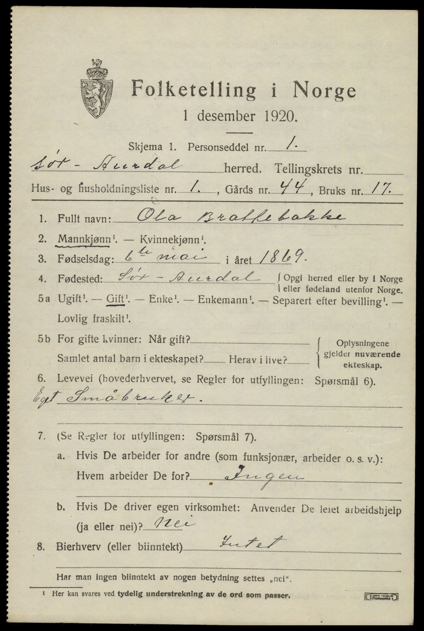 SAH, 1920 census for Sør-Aurdal, 1920, p. 5717