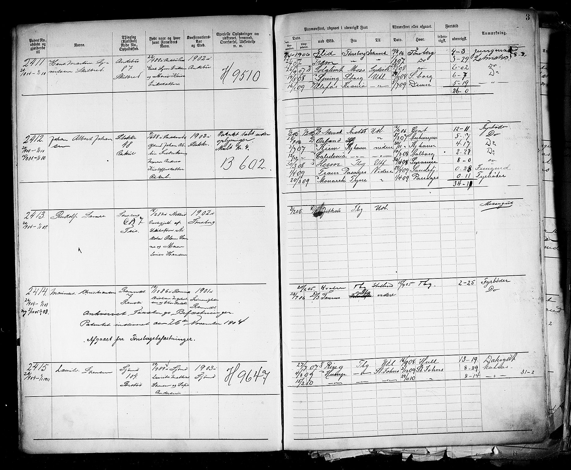 Tønsberg innrulleringskontor, AV/SAKO-A-786/F/Fb/L0005: Annotasjonsrulle Patent nr. 2401-4080, 1904-1910, p. 6