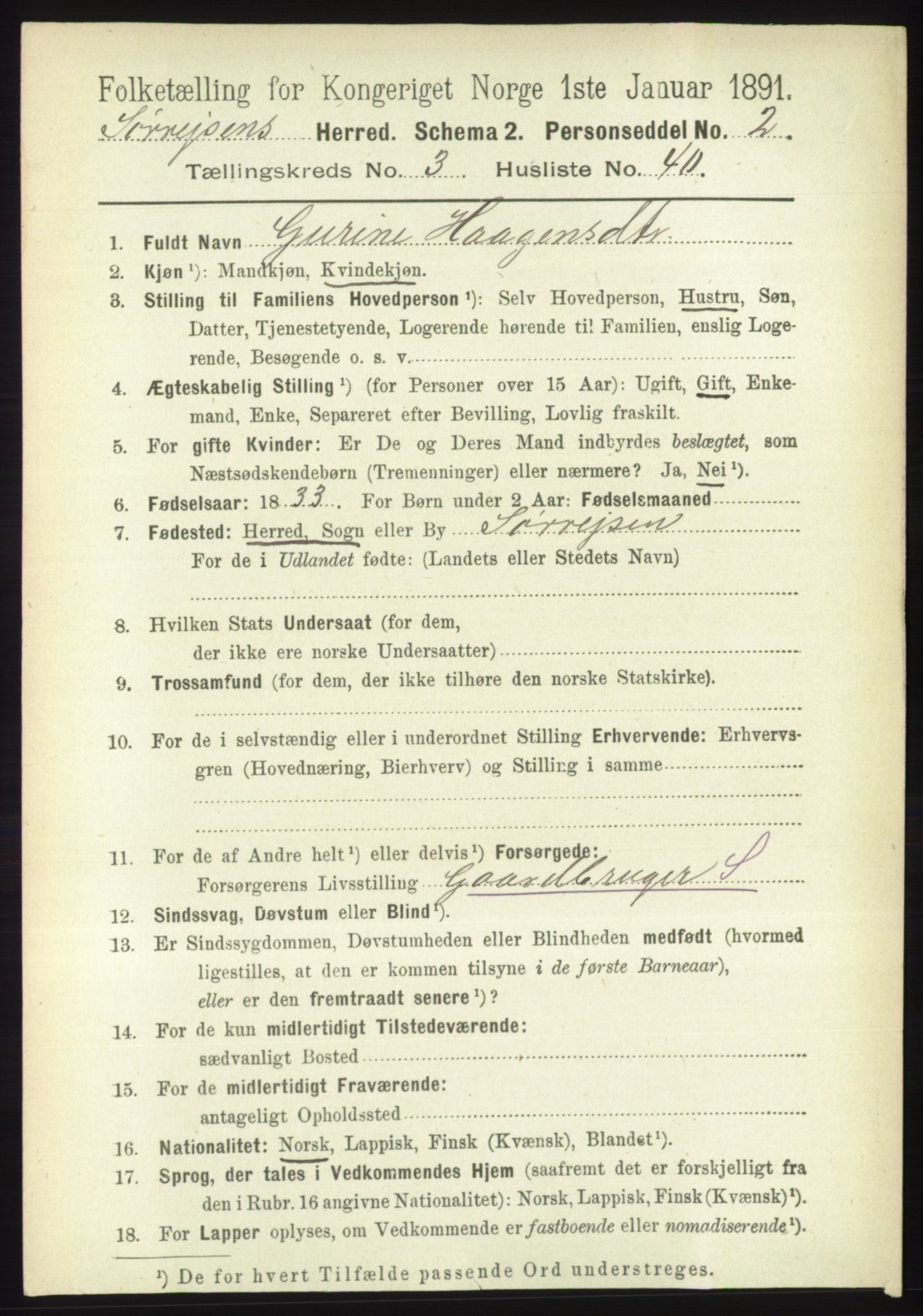 RA, 1891 census for 1925 Sørreisa, 1891, p. 1006