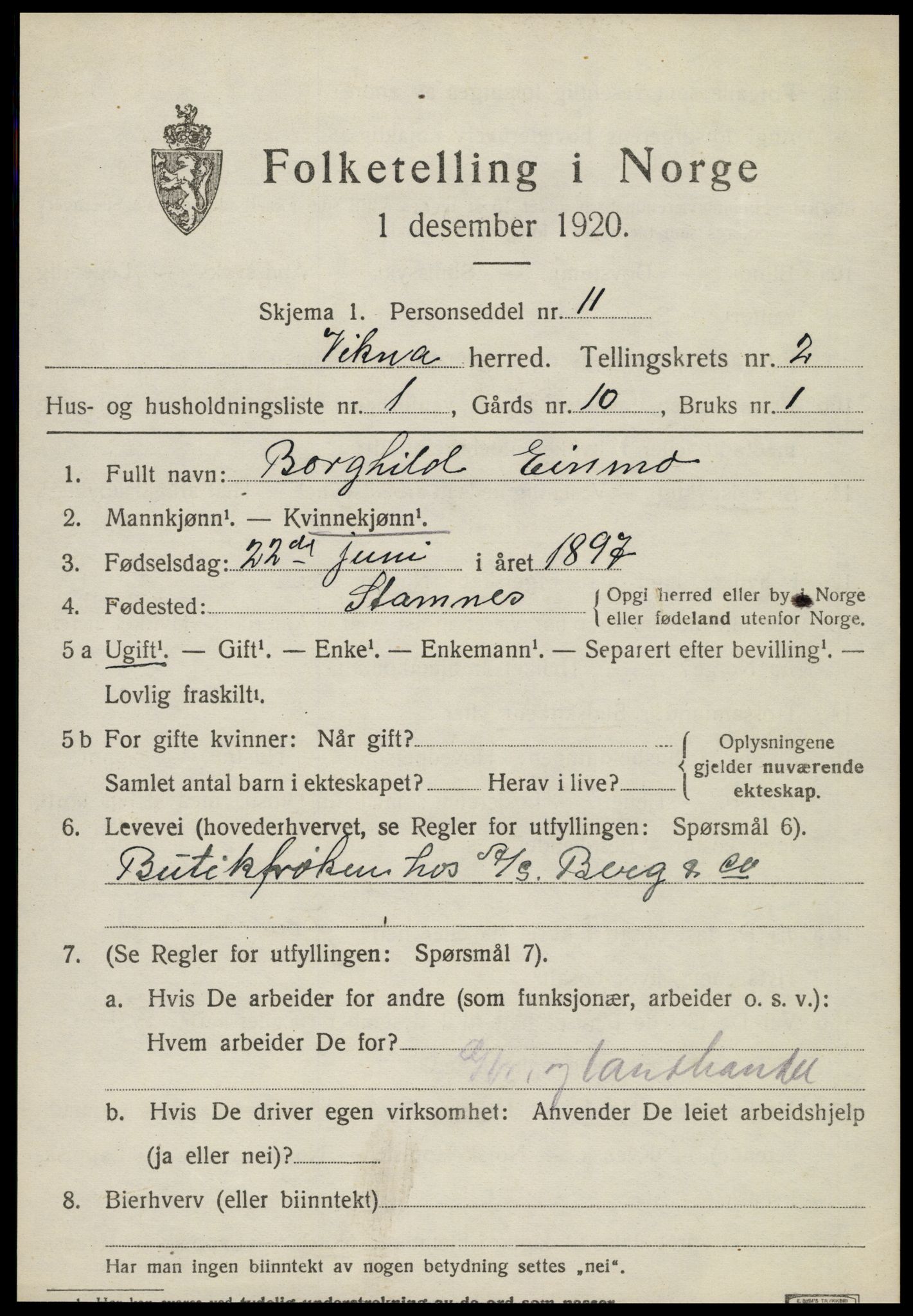 SAT, 1920 census for Vikna, 1920, p. 1575