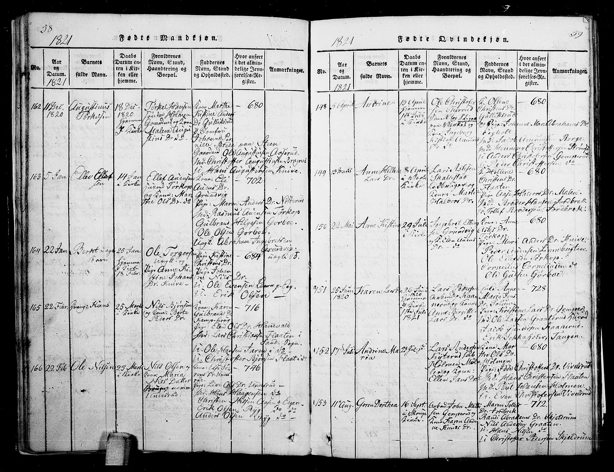 Skoger kirkebøker, AV/SAKO-A-59/G/Ga/L0001: Parish register (copy) no. I 1, 1814-1845, p. 58-59