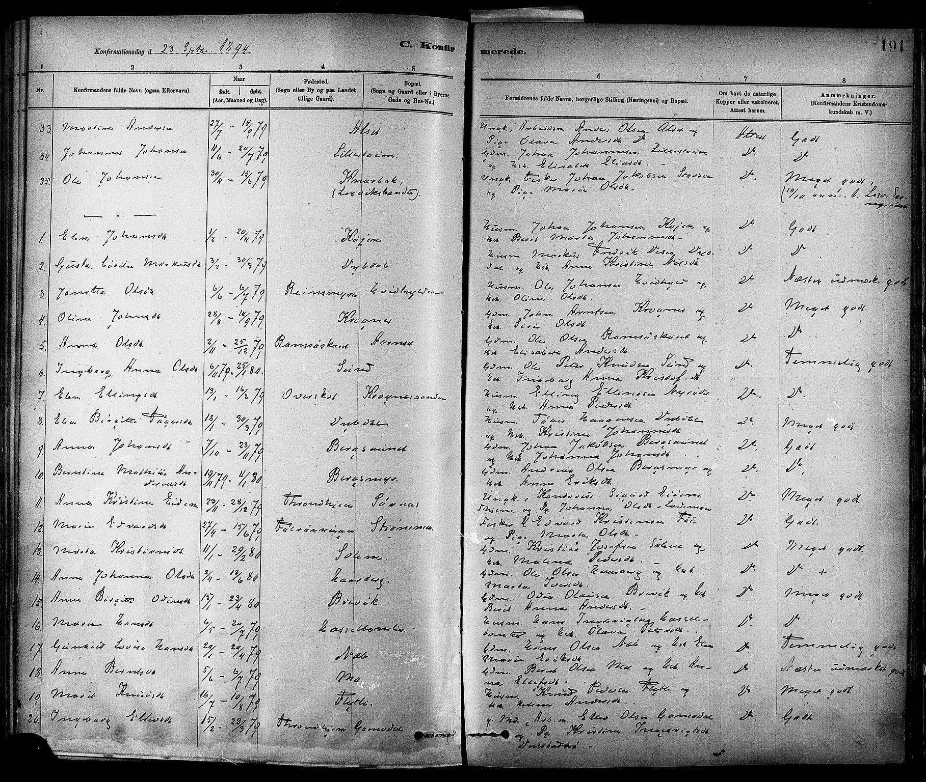 Ministerialprotokoller, klokkerbøker og fødselsregistre - Sør-Trøndelag, SAT/A-1456/647/L0634: Parish register (official) no. 647A01, 1885-1896, p. 191