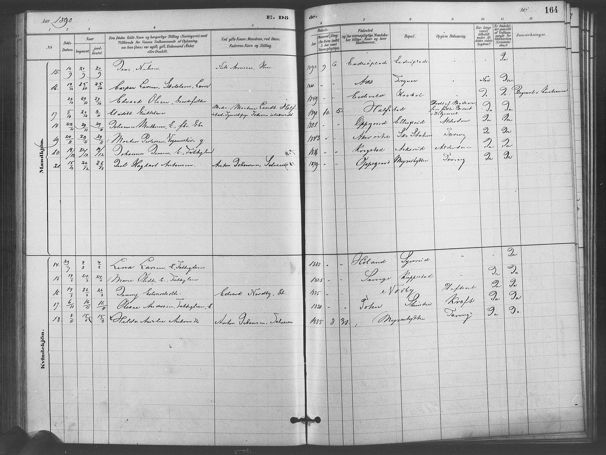 Kråkstad prestekontor Kirkebøker, SAO/A-10125a/F/Fb/L0001: Parish register (official) no. II 1, 1880-1892, p. 164