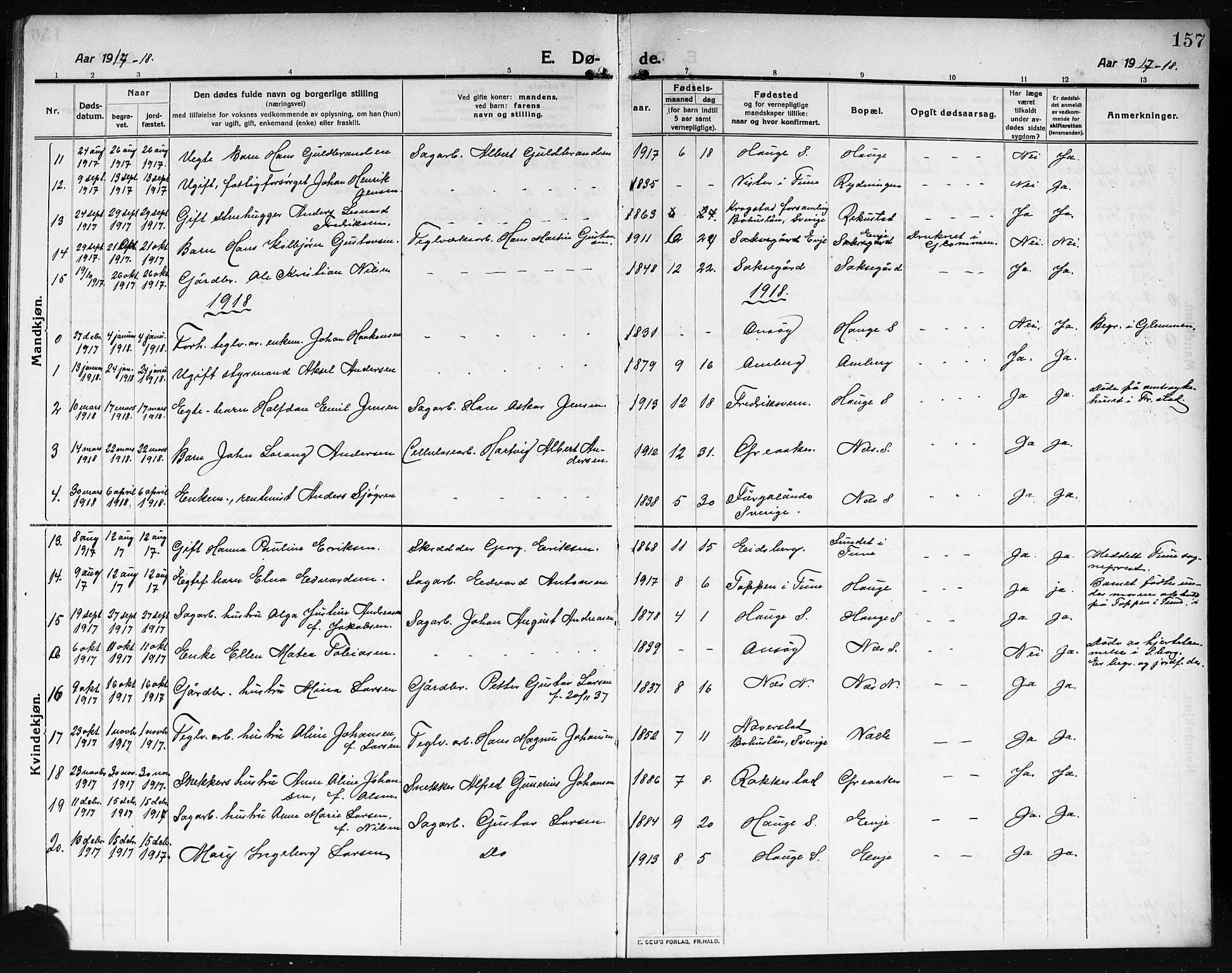 Rolvsøy prestekontor Kirkebøker, AV/SAO-A-2004/G/Ga/L0001: Parish register (copy) no. 1, 1911-1920, p. 157