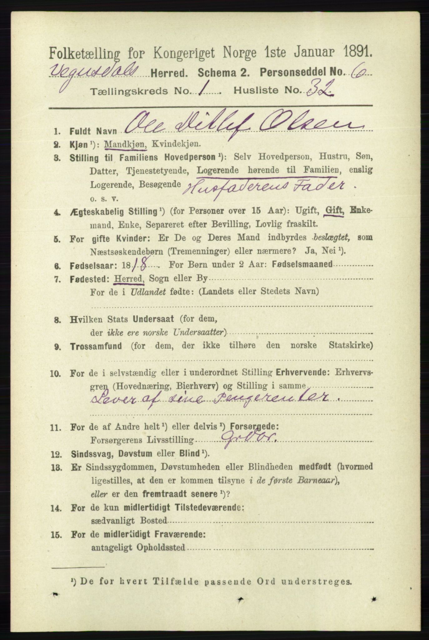 RA, 1891 census for 0934 Vegusdal, 1891, p. 278