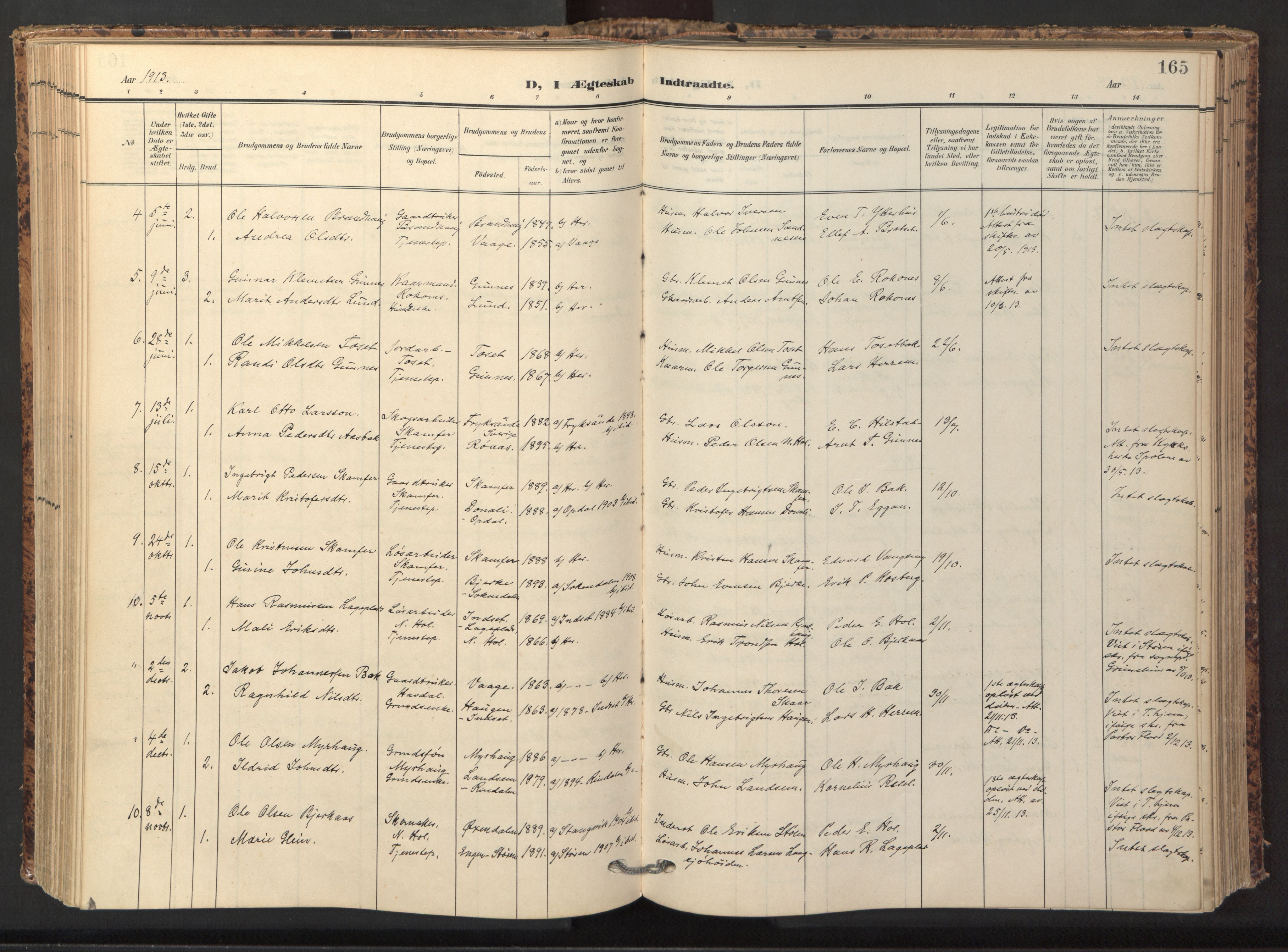 Ministerialprotokoller, klokkerbøker og fødselsregistre - Sør-Trøndelag, SAT/A-1456/674/L0873: Parish register (official) no. 674A05, 1908-1923, p. 165