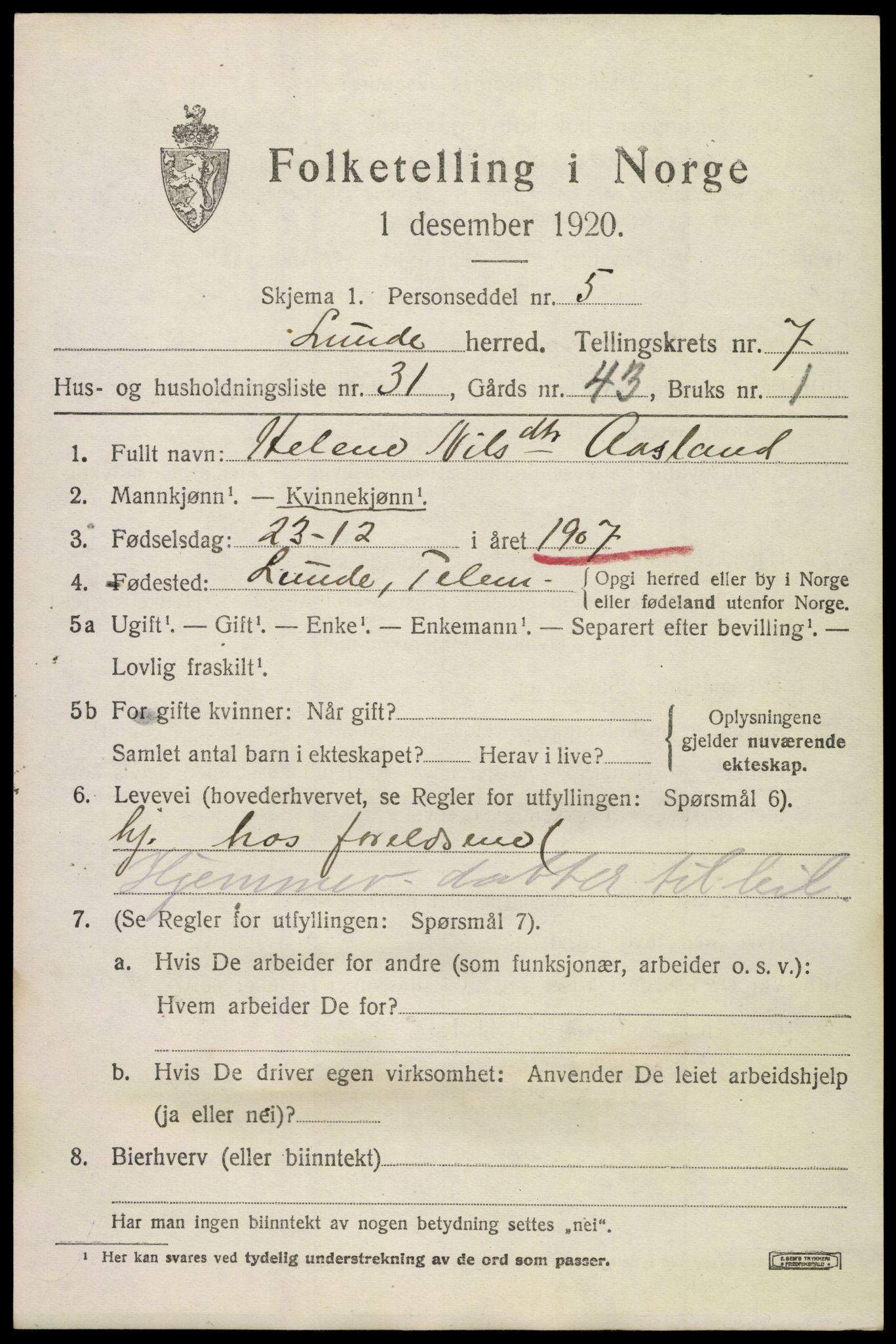 SAKO, 1920 census for Lunde, 1920, p. 5229