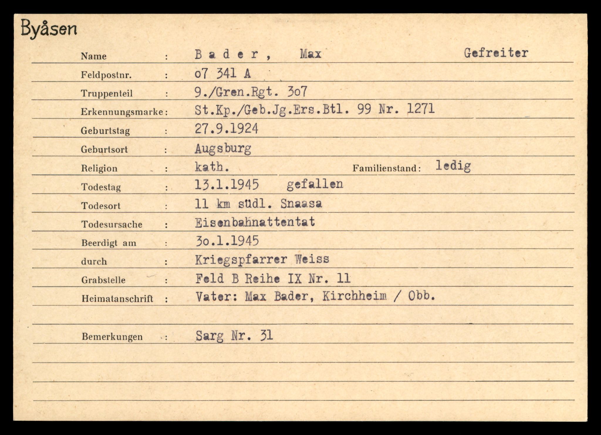 Distriktskontoret for krigsgraver, AV/SAT-A-5030/E/L0004: Kasett/kartotek over tysk Krigskirkegård på Byåsen, 1945, p. 45