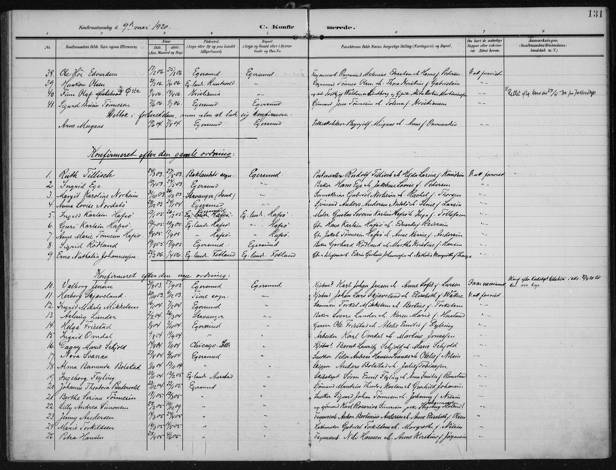 Eigersund sokneprestkontor, AV/SAST-A-101807/S08/L0022: Parish register (official) no. A 21, 1905-1928, p. 131