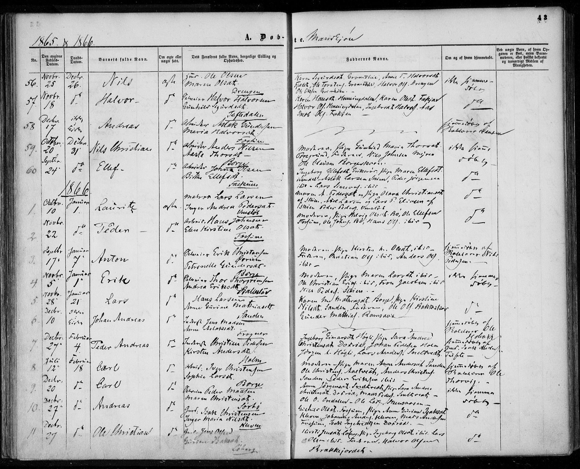Gjerpen kirkebøker, SAKO/A-265/F/Fa/L0008a: Parish register (official) no. I 8A, 1857-1871, p. 43