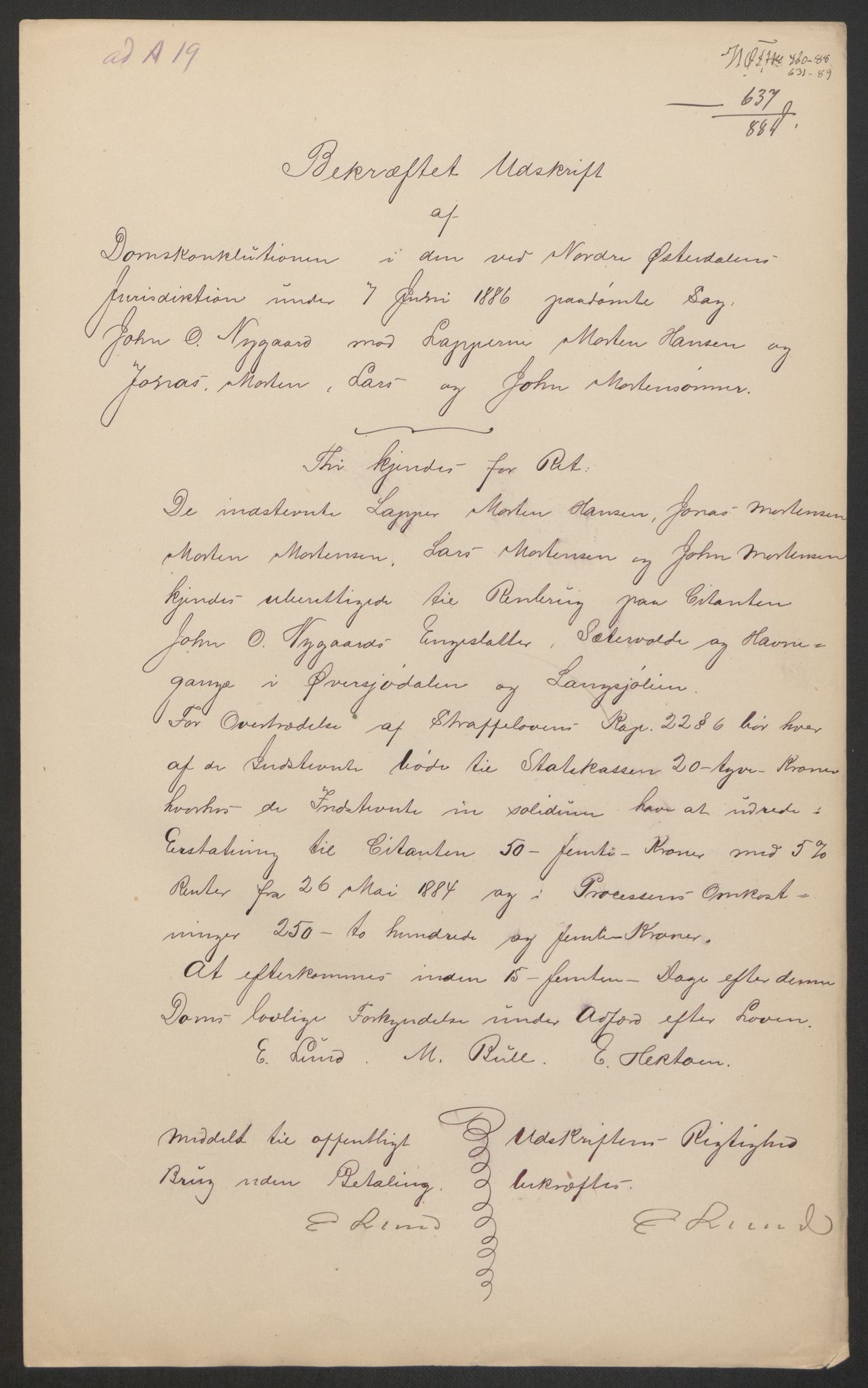 Landbruksdepartementet, Kontorer for reindrift og ferskvannsfiske, AV/RA-S-1247/2/E/Eb/L0014: Lappekommisjonen, 1885-1890, p. 386