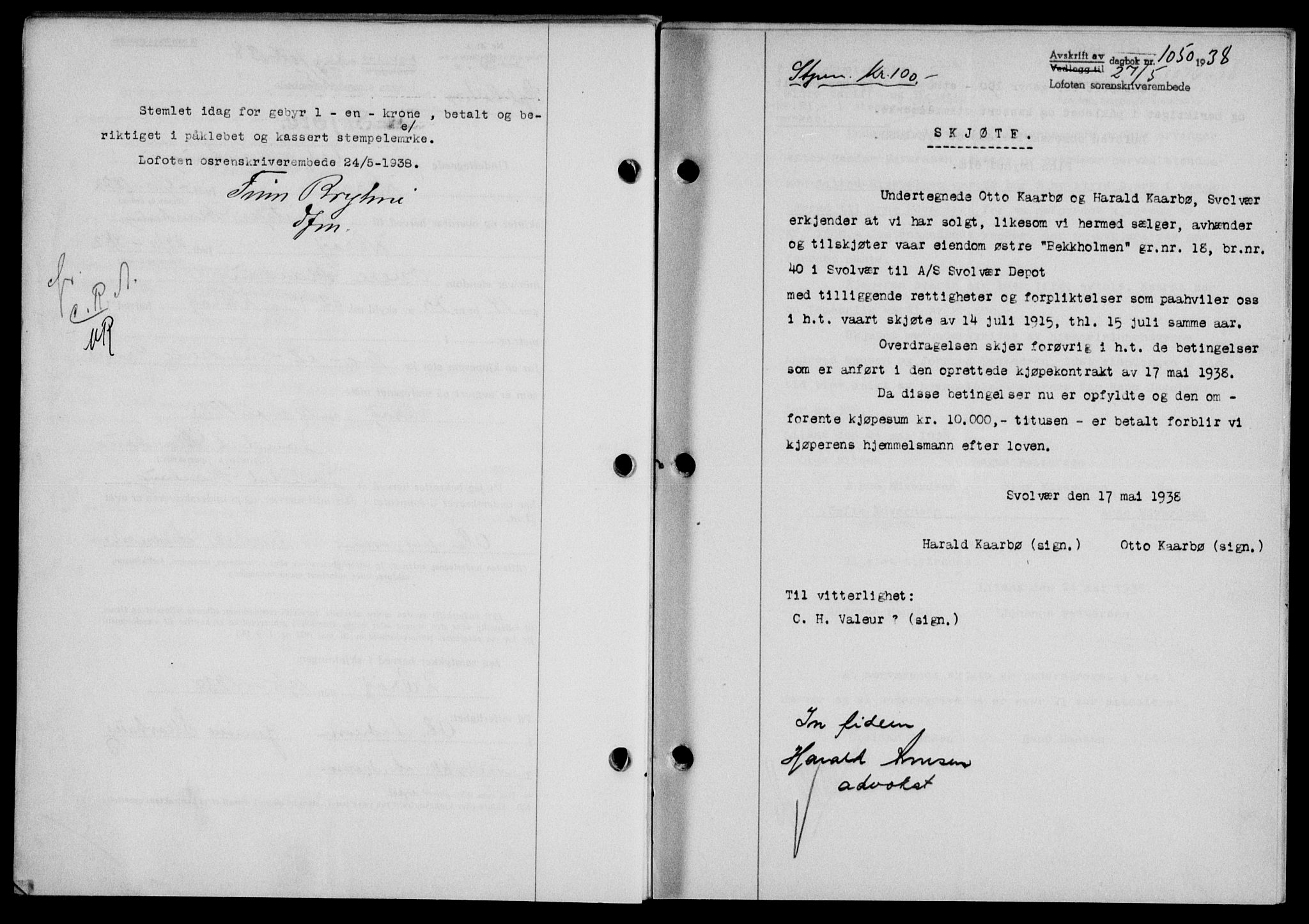 Lofoten sorenskriveri, SAT/A-0017/1/2/2C/L0004a: Mortgage book no. 4a, 1938-1938, Diary no: : 1050/1938