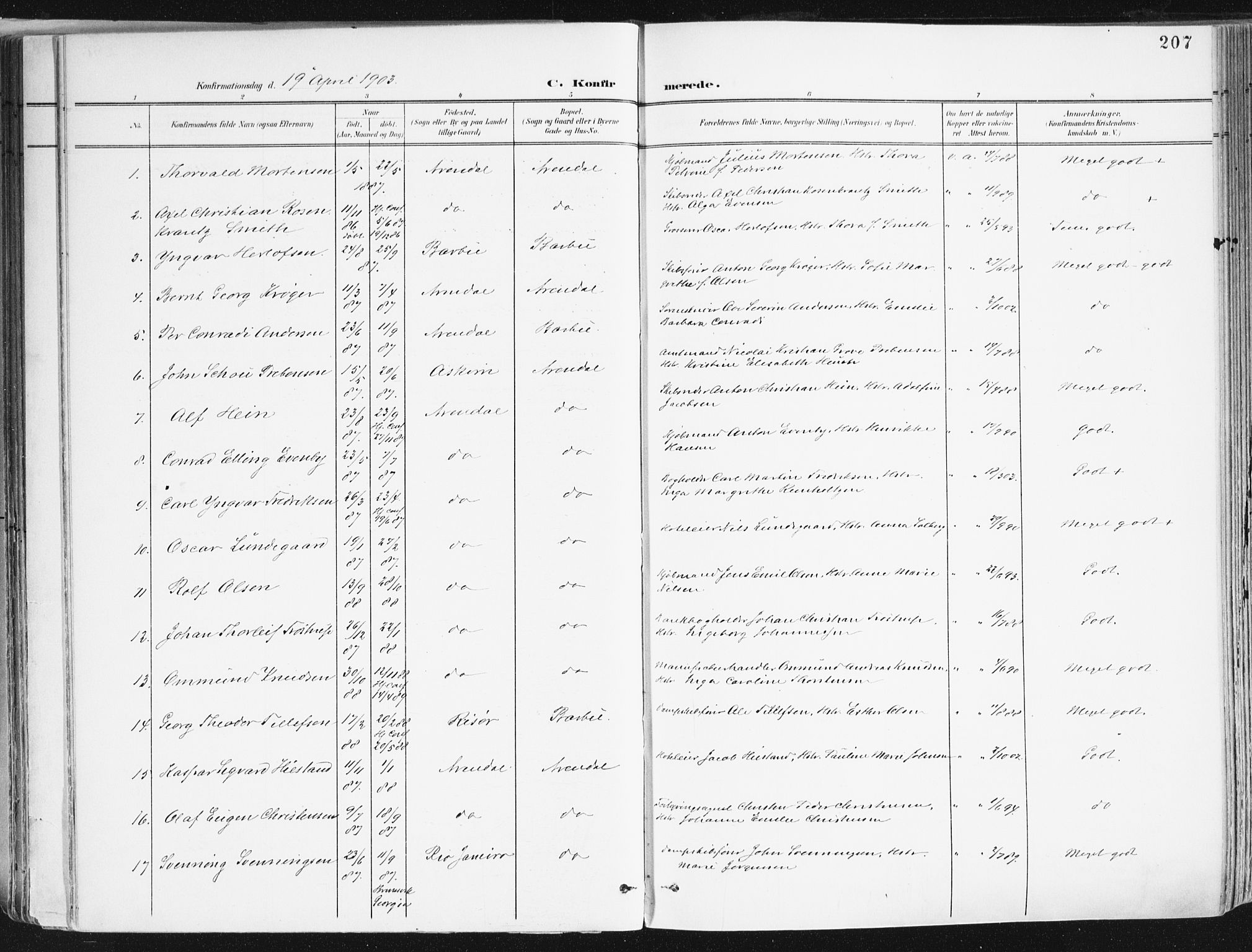 Arendal sokneprestkontor, Trefoldighet, SAK/1111-0040/F/Fa/L0010: Parish register (official) no. A 10, 1900-1919, p. 207